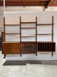 Teak Three-Bay Modular Wall Unit with Sliding Door Cabinets Danish Vinatge 1960s