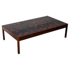 Rectangular Black and Red Ceramic Tile Top Coffee Table Rosewood Vintage 1970s