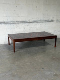 Rectangular Black and Red Ceramic Tile Top Coffee Table Rosewood Vintage 1970s