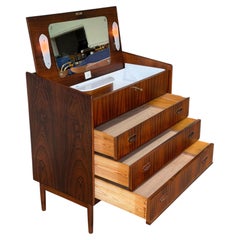 Mid-Century Modern Rosewood Vanity Chest with Lighted Flip-Up Mirror