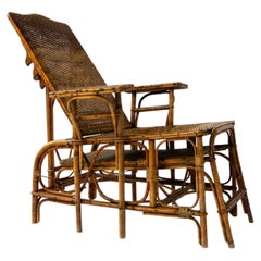 French Riviera Rattan and Bamboo Recliner Chair, 1920s