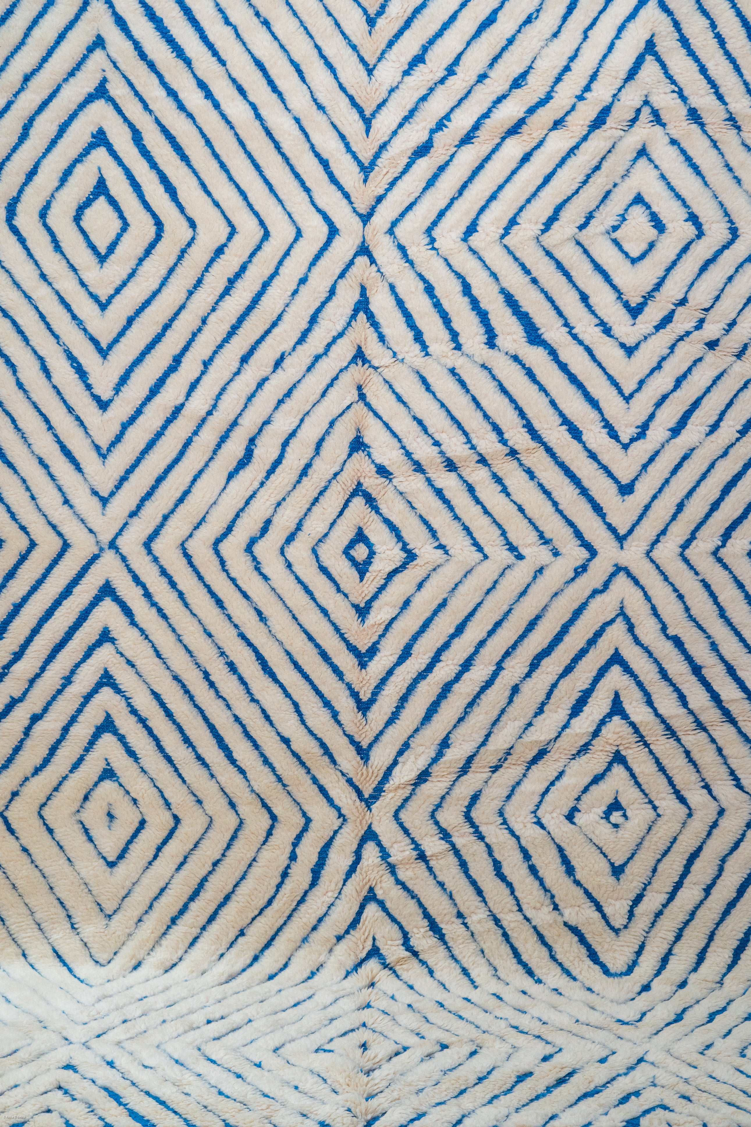 Hand-Knotted Amazigh Berber Wool Rug, Ivory and Blue, Geometric