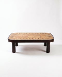 Table basse en céramique « Herbier » et chêne, signée Roger Capron – années 1970