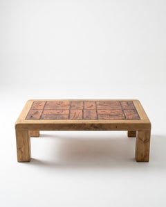 French Botanical Ceramic Tile and Oak Coffee Table by Pierre Garnier - 1960s