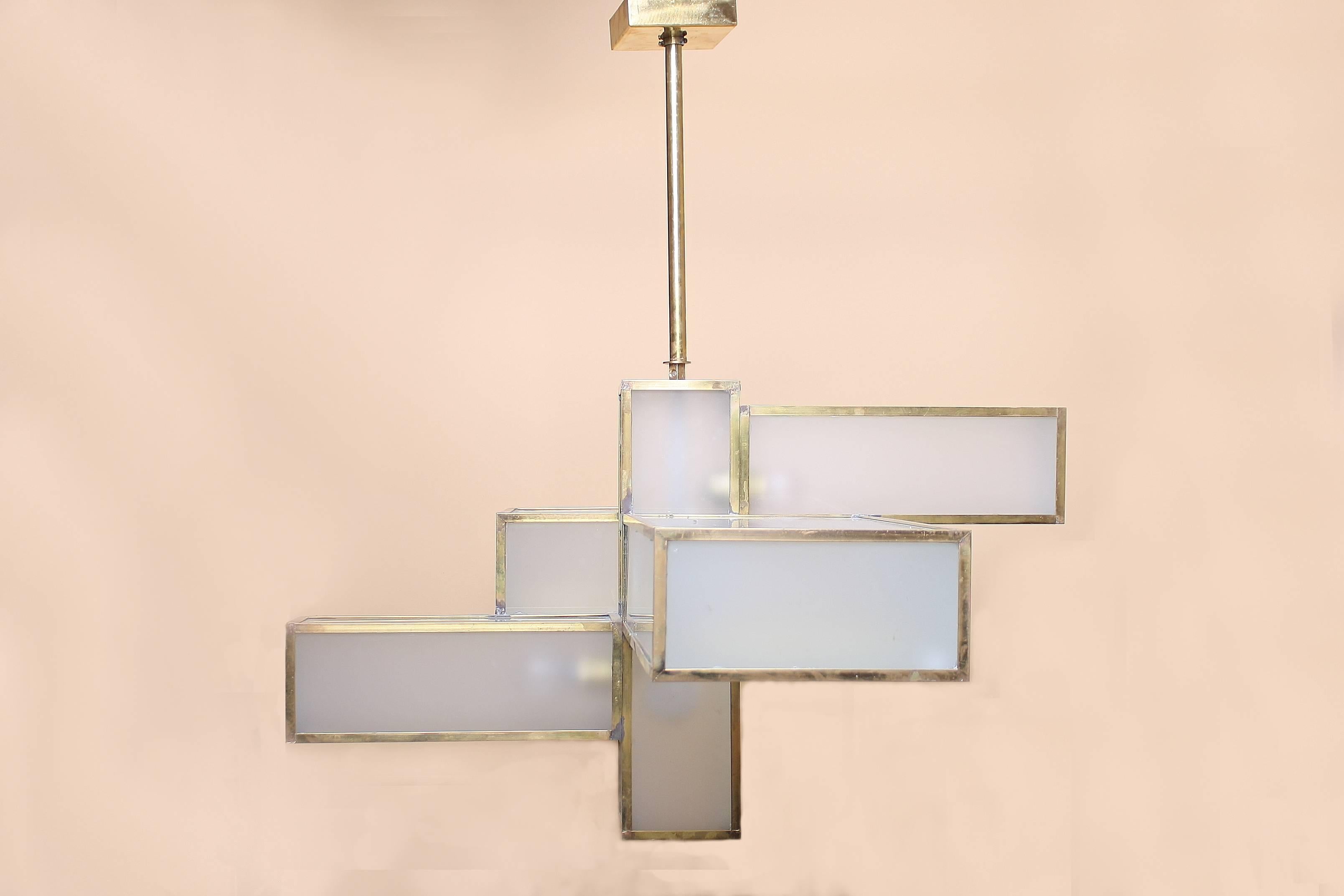 Geometric Glass and Brass Chandelier Attributed to Jean Perzel In Excellent Condition For Sale In Santa Monica, CA