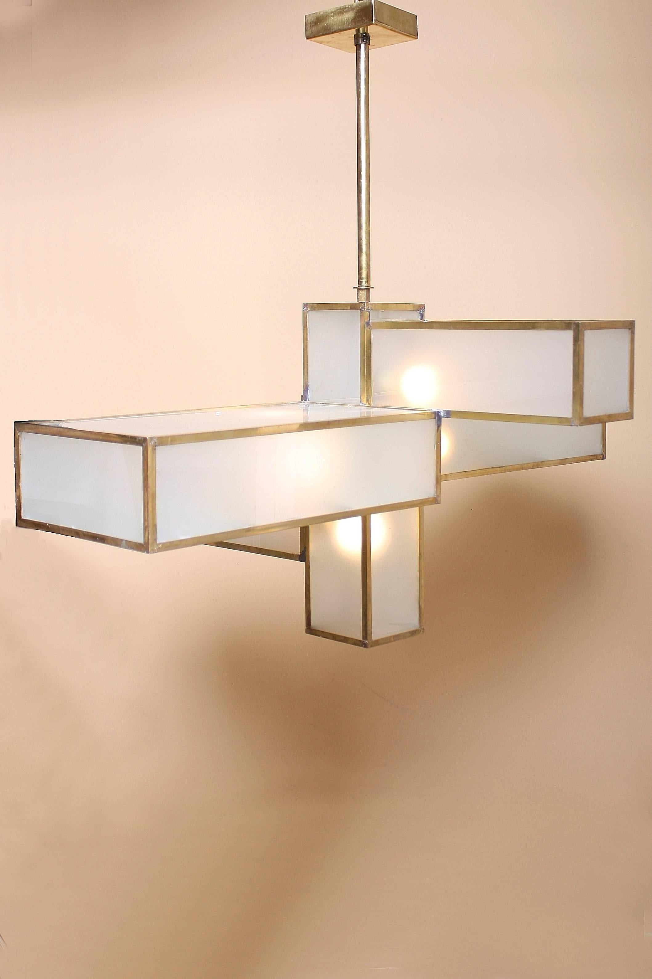 Mid-20th Century Geometric Glass and Brass Chandelier Attributed to Jean Perzel For Sale