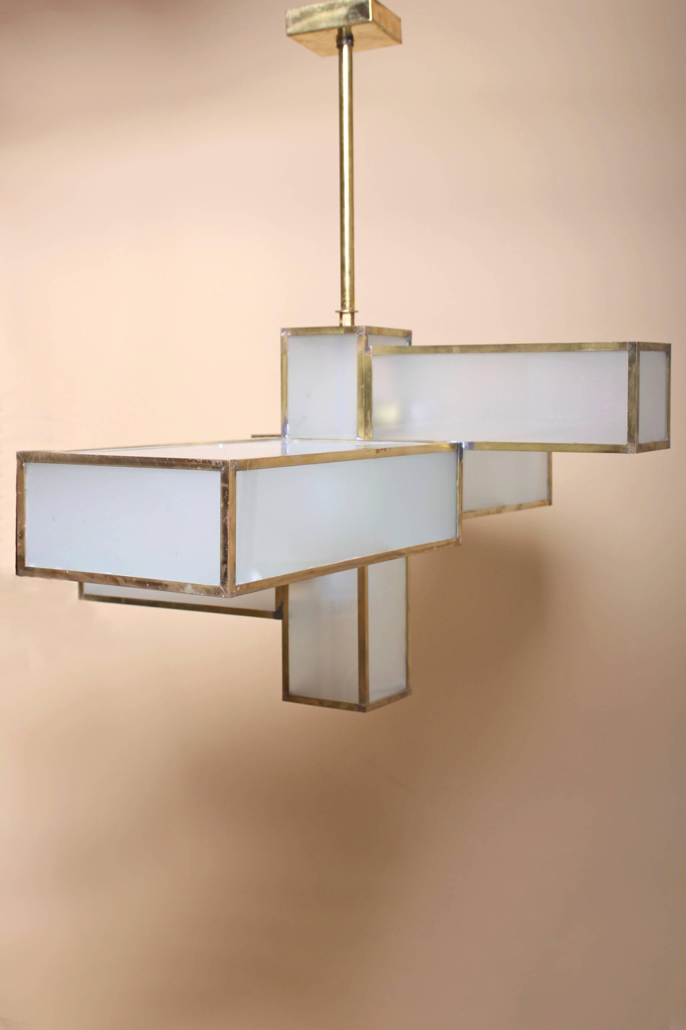 Geometric Glass and Brass Chandelier Attributed to Jean Perzel For Sale 1