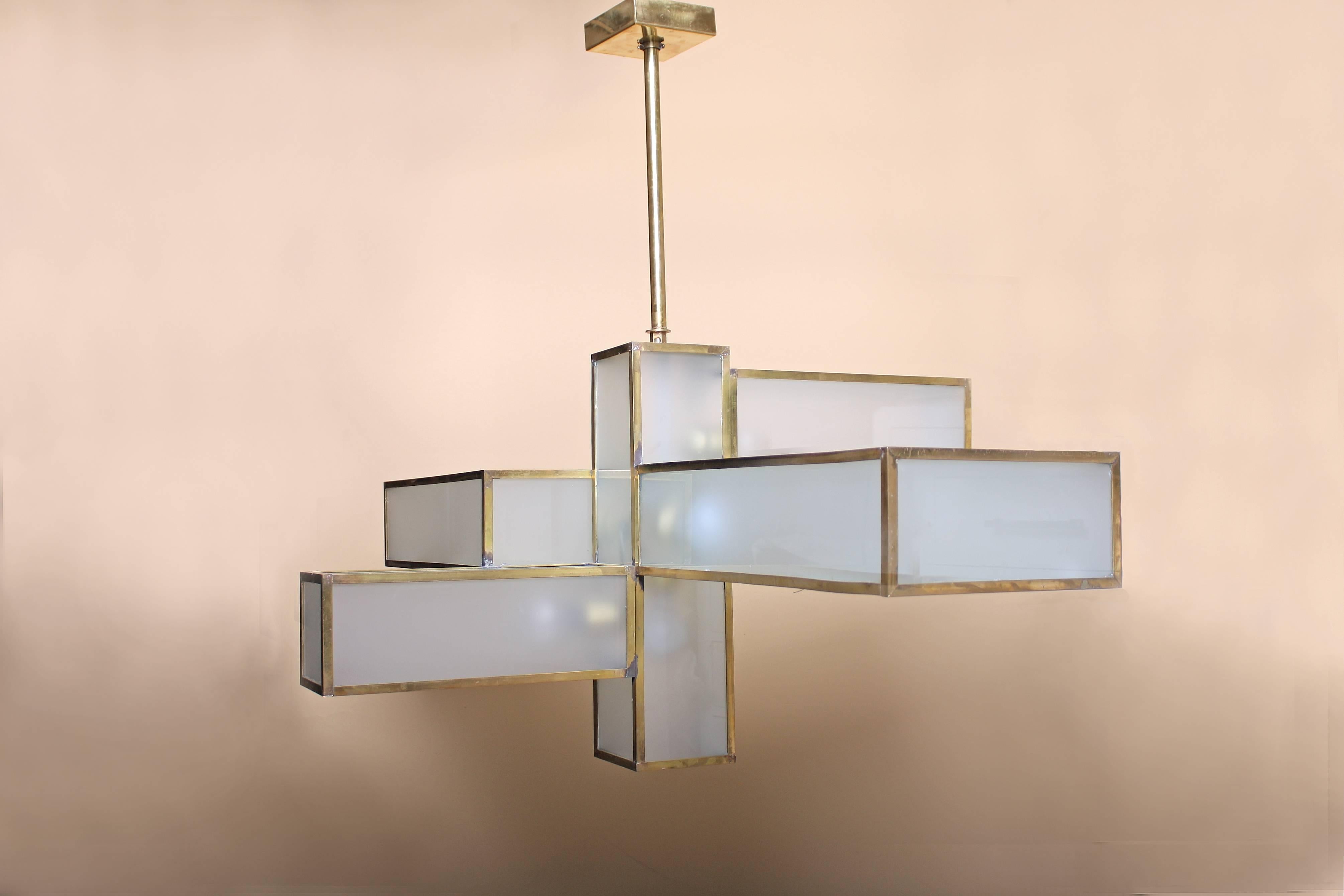 Art Deco Geometric Glass and Brass Chandelier Attributed to Jean Perzel For Sale