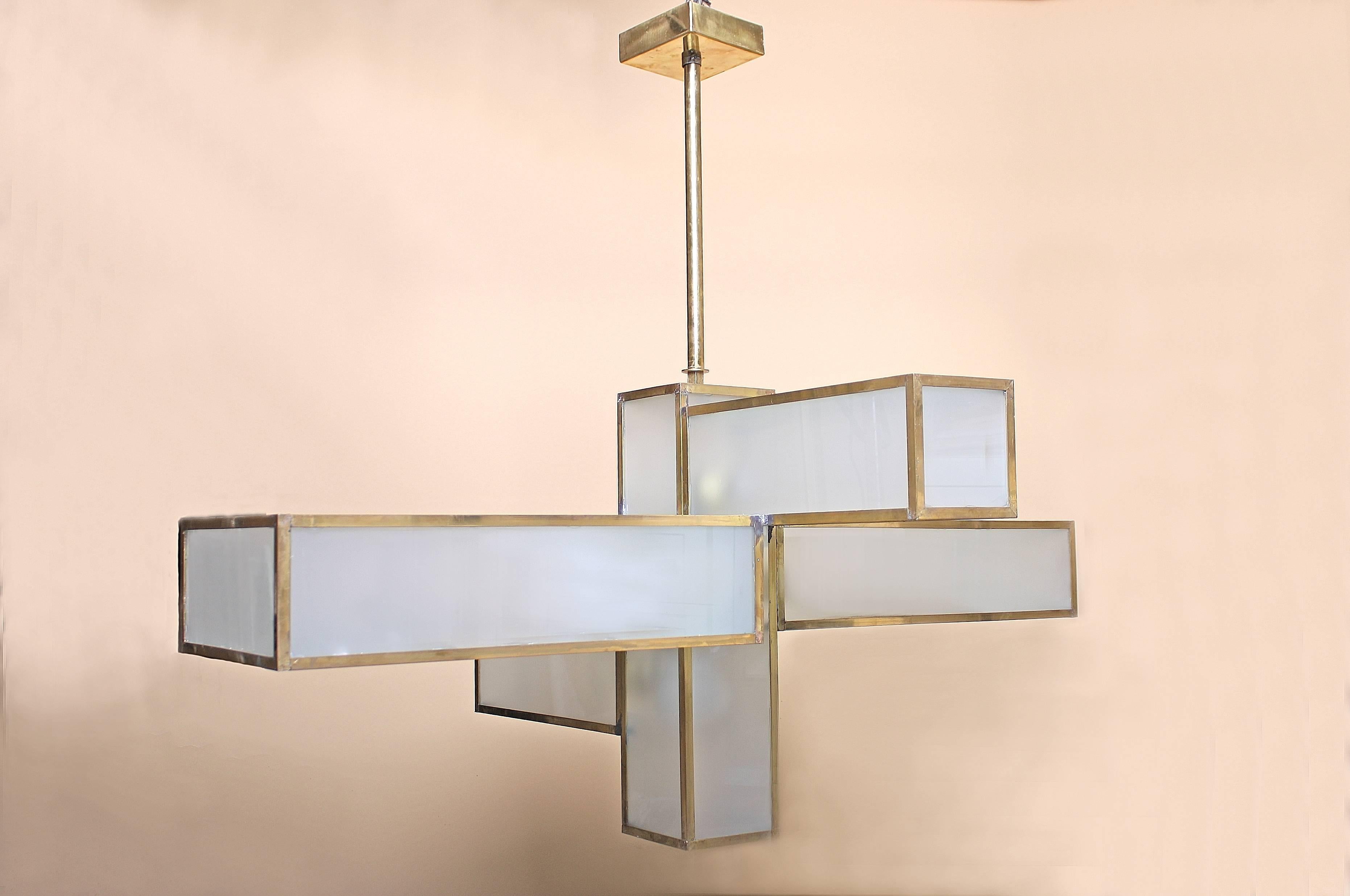Geometric Glass and Brass Chandelier Attributed to Jean Perzel For Sale 2