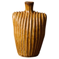 Tall Glazed Terracotta Ribbed Bottle Vase, Morocco