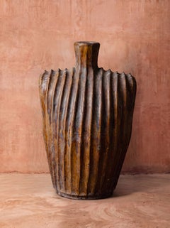 Tall Glazed Terracotta Ribbed Bottle Vase, Morocco