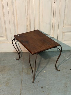 Early 20th-Century Oak Side Table with Solid Top and Curved Iron Legs