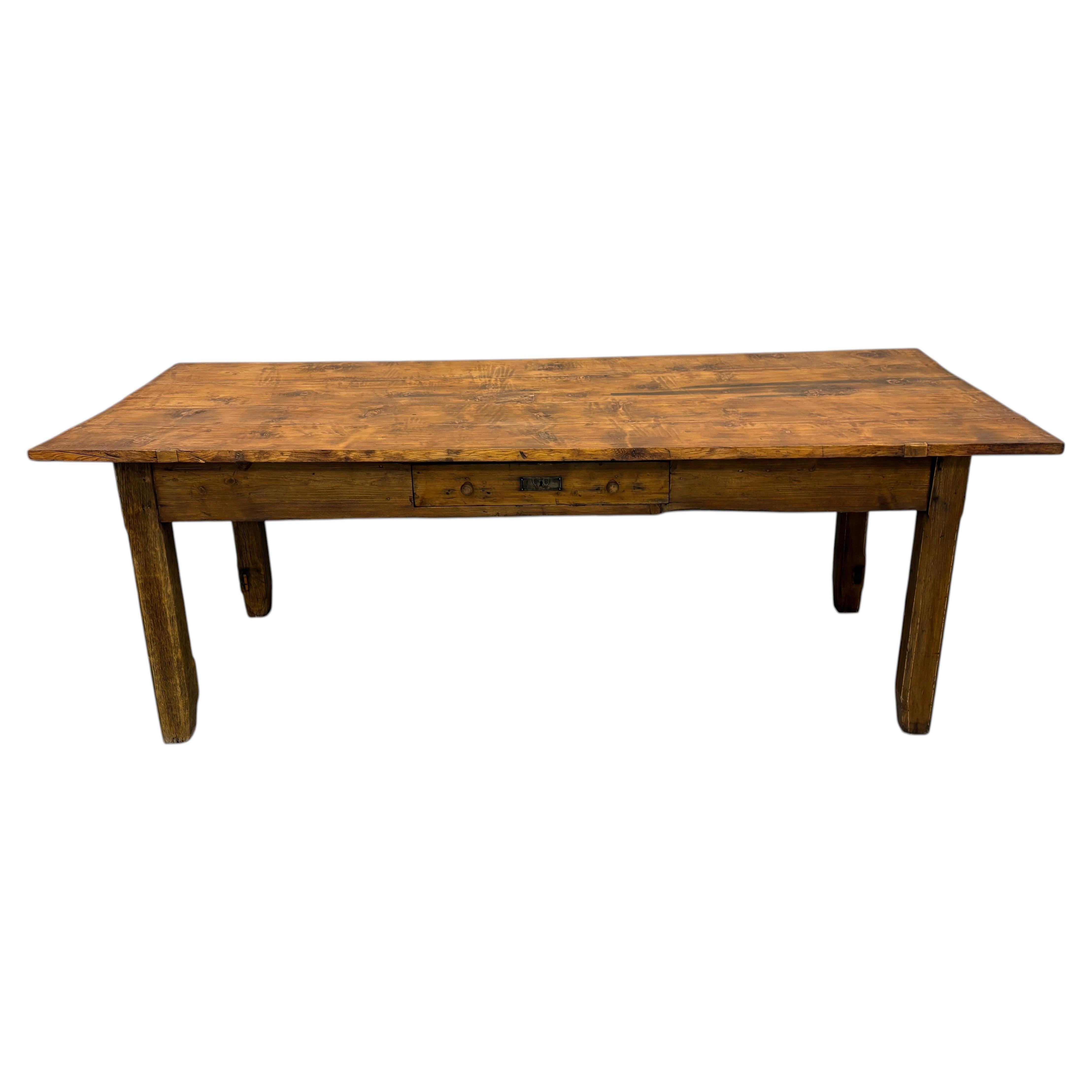 Rustic Late 19th-Century Fir and Chestnut Wood Table with Drawer For Sale