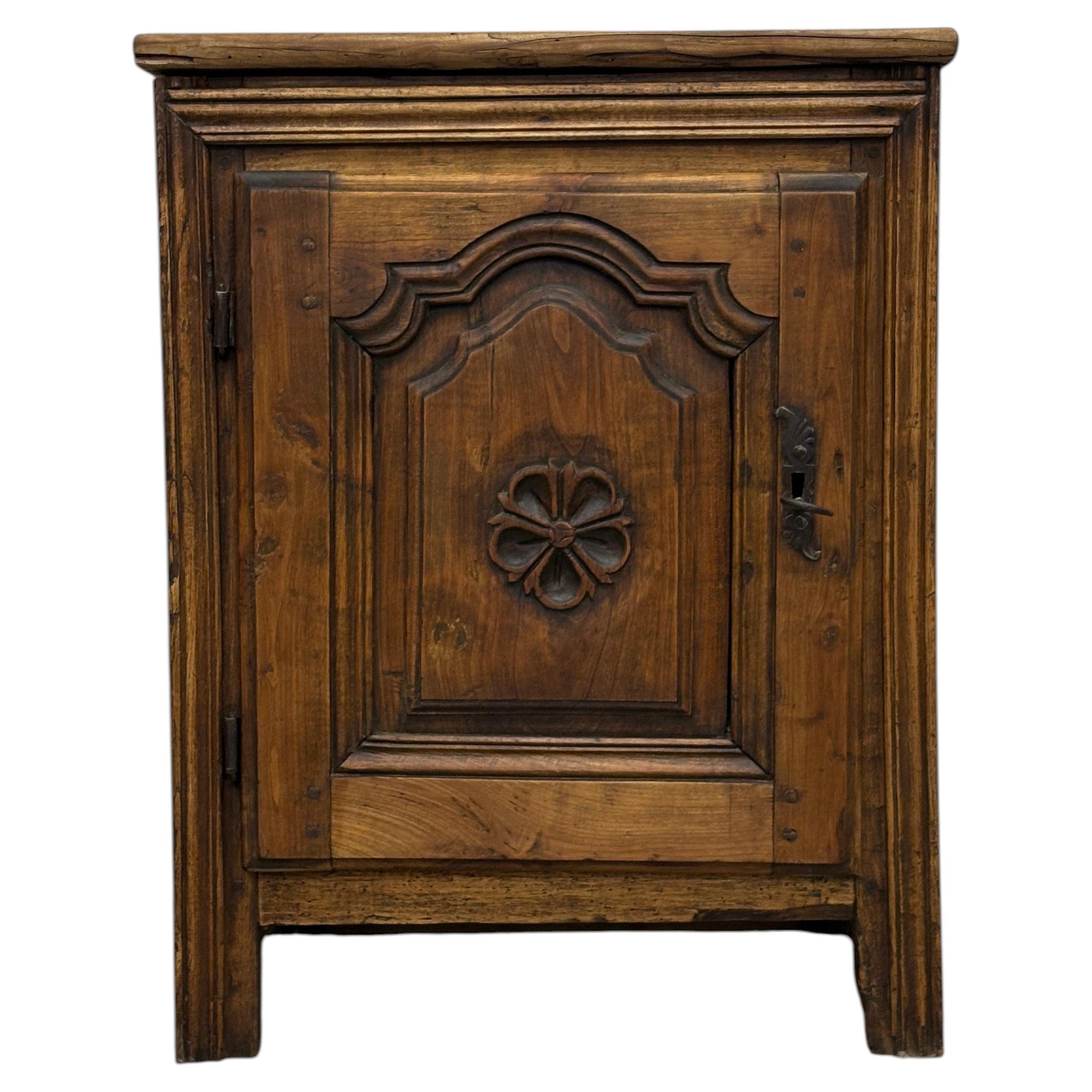 Small 19th-Century Walnut Cabinet with Decorated Door For Sale