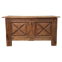 19th-Century Rustic Oak Chest with Decorative Panels and Cross Motifs