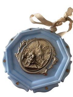 Vintage Italian Light Blue Celluloid Guardian Angel Baby Crib Medal C.1930s–1940