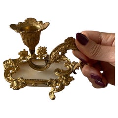 Pair of Swedish Art Nouveau Gilt Bronze and White Onyx Chamberstick Candlesticks