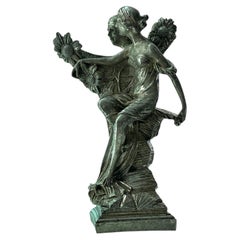 Art Nouveau Silver-Plated Bronze Sculpture with Maiden & Sunflower Mirro