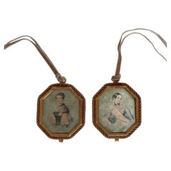 c. 1950s Mid-Century Italian Miniature Silk Portrait Wall Plaques - Pair