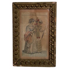 c. 1824 Antique French Fashion Plate Print in Carved Gilt Wood Frame