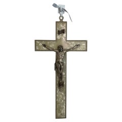 c. 1940s Large Italian Wall Crucifix with Mother of Pearl Effect Inlay