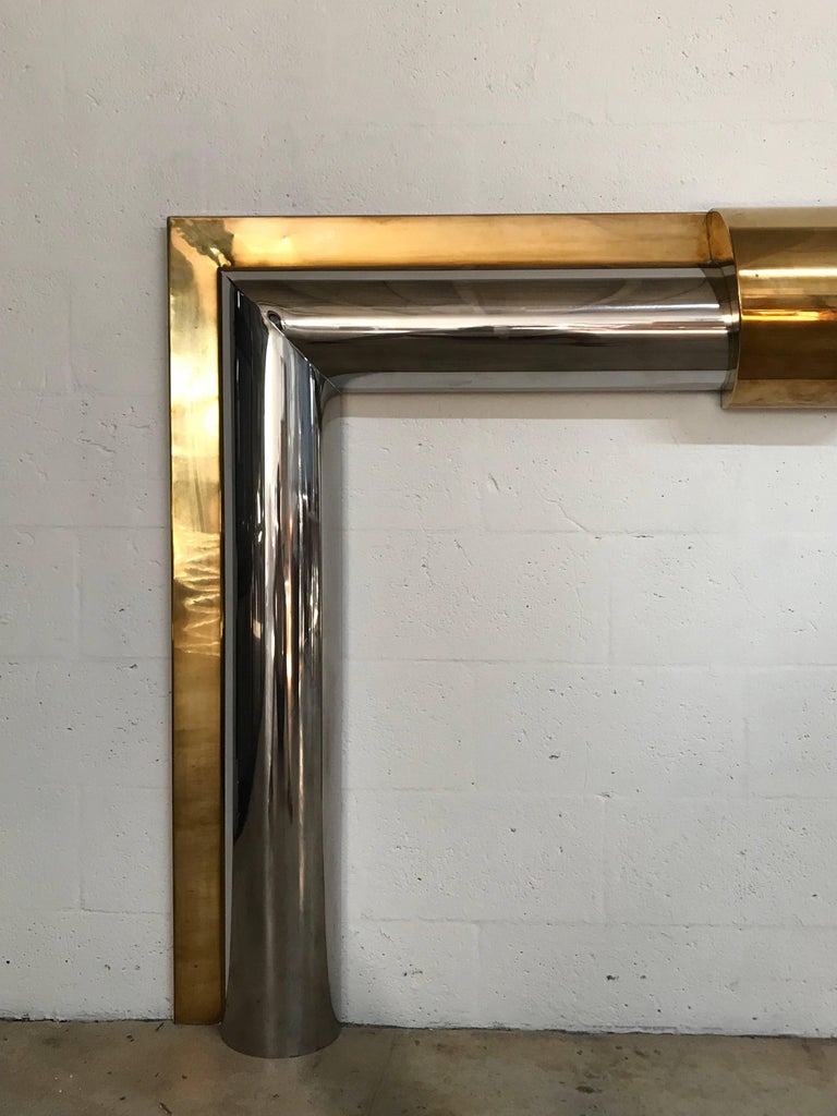 1970s American Polished Brass And Steel Fireplace Mantel For Sale