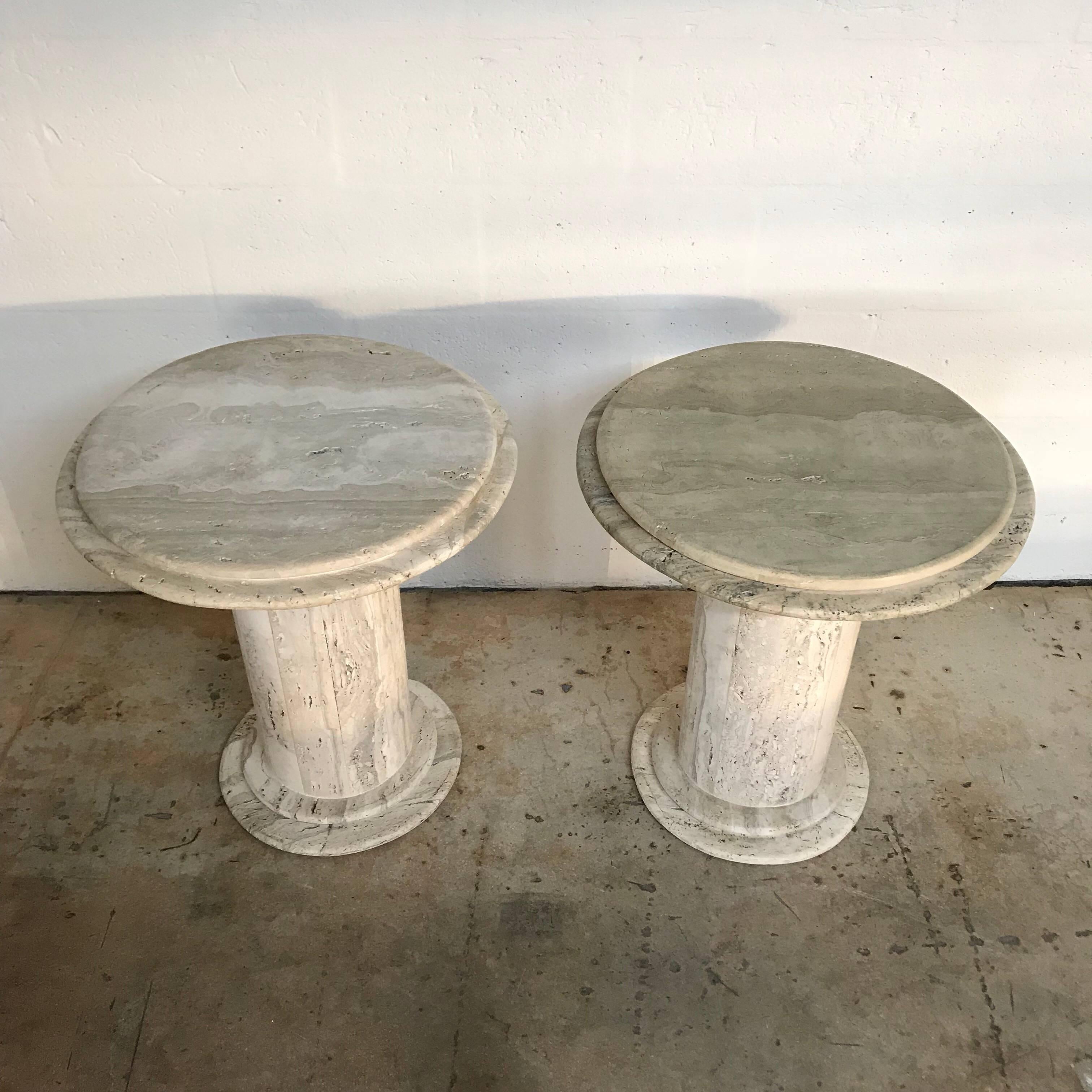 Solid pair of post-modern Memphis style Italian Travertine totem side/end tables.