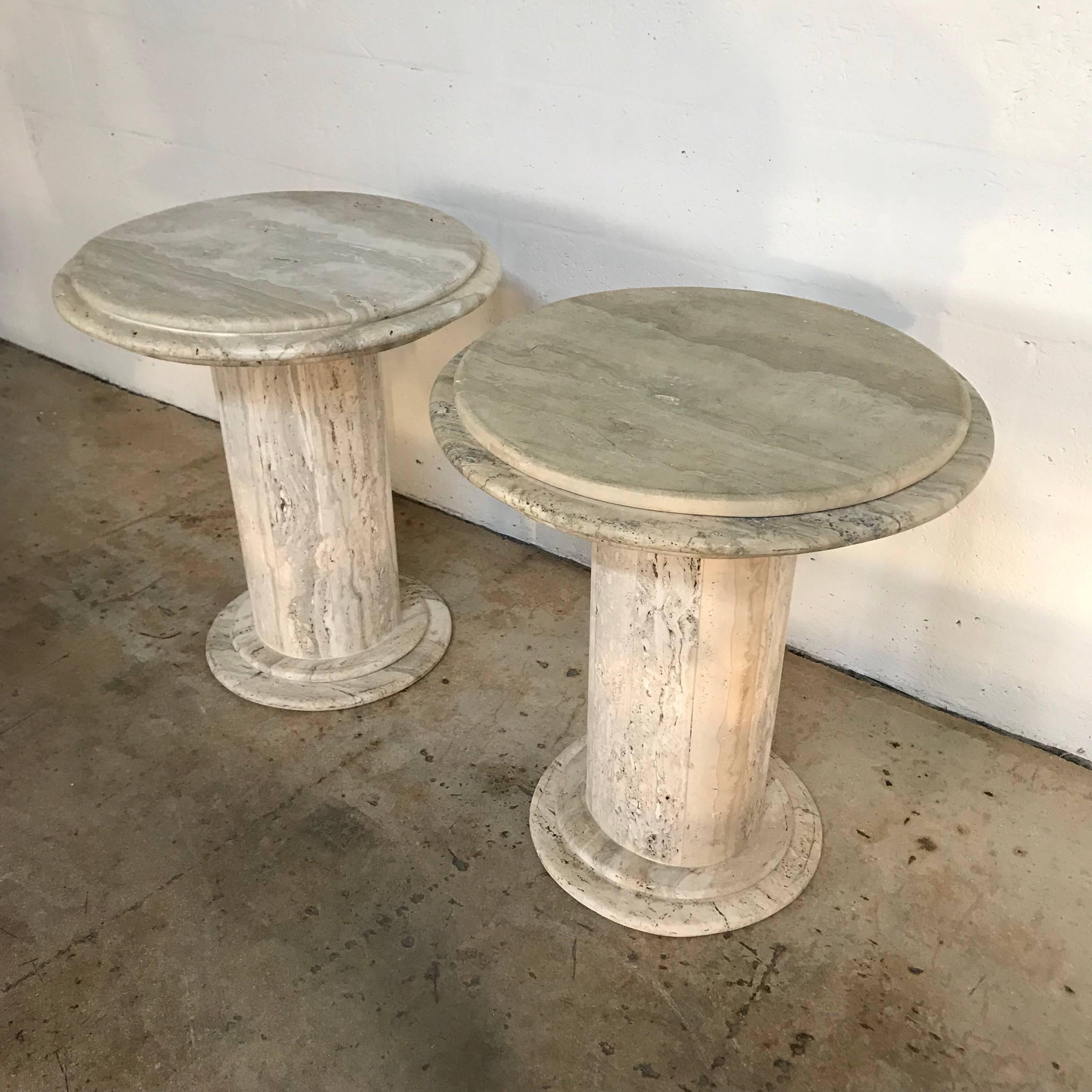 Pair of Post-Modern Italian Travertine TOTEM Side/End Tables In Excellent Condition In Miami, FL