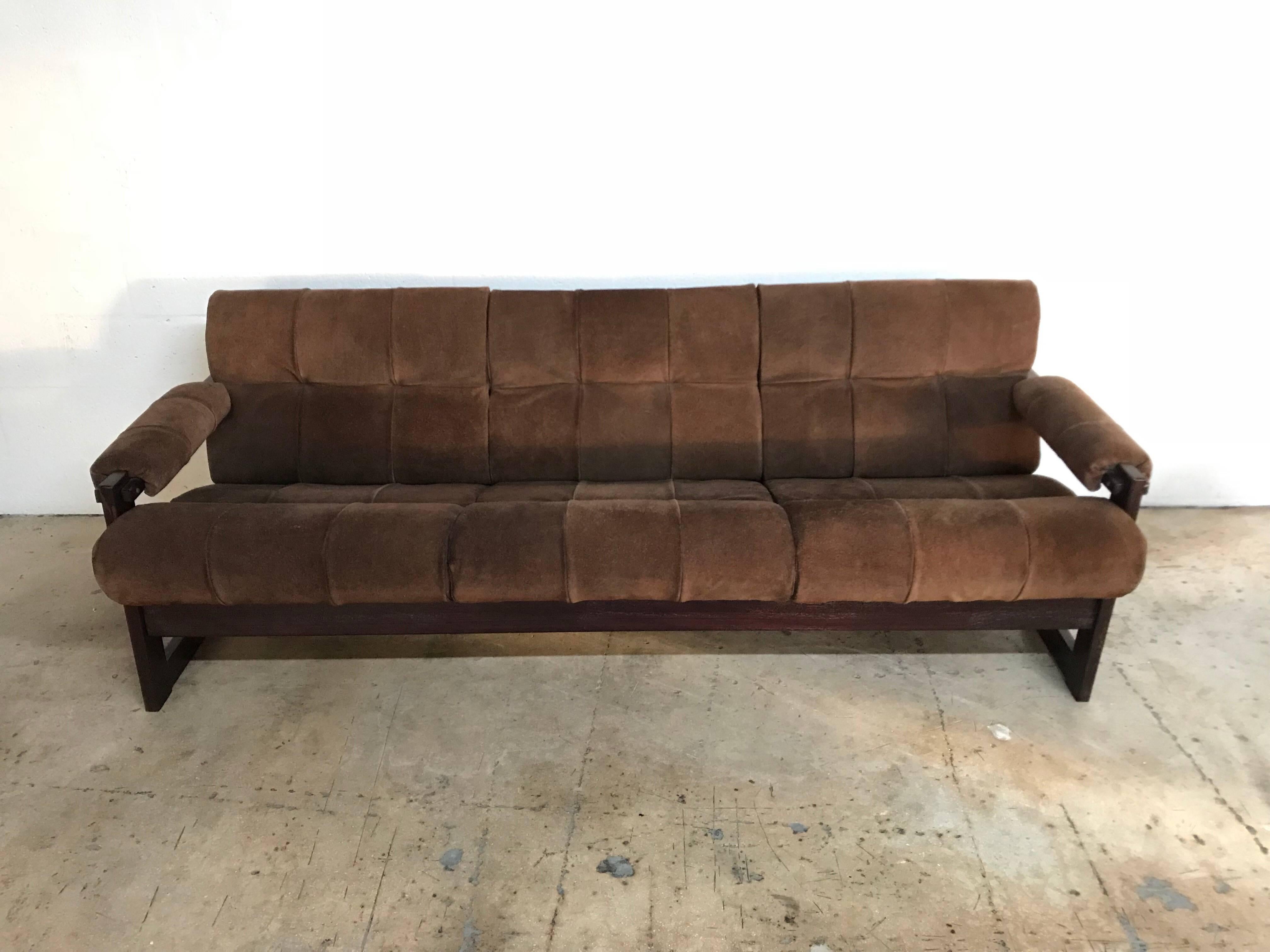 Brazilian rosewood and brown suede sofa designed by Percival Lafer.