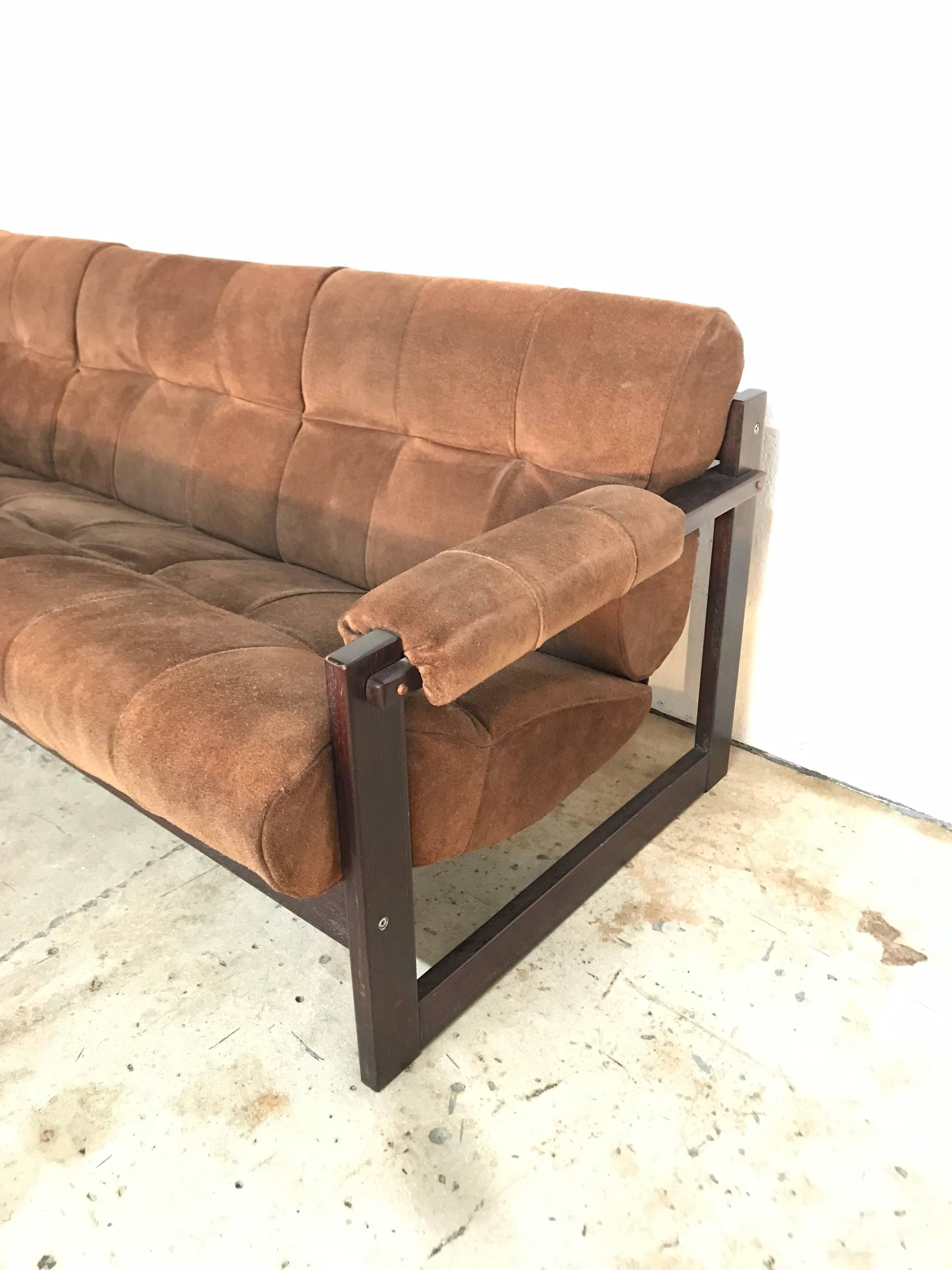 Perceval Lafer Brazilian Rosewood and Suede Sofa In Good Condition In Miami, FL