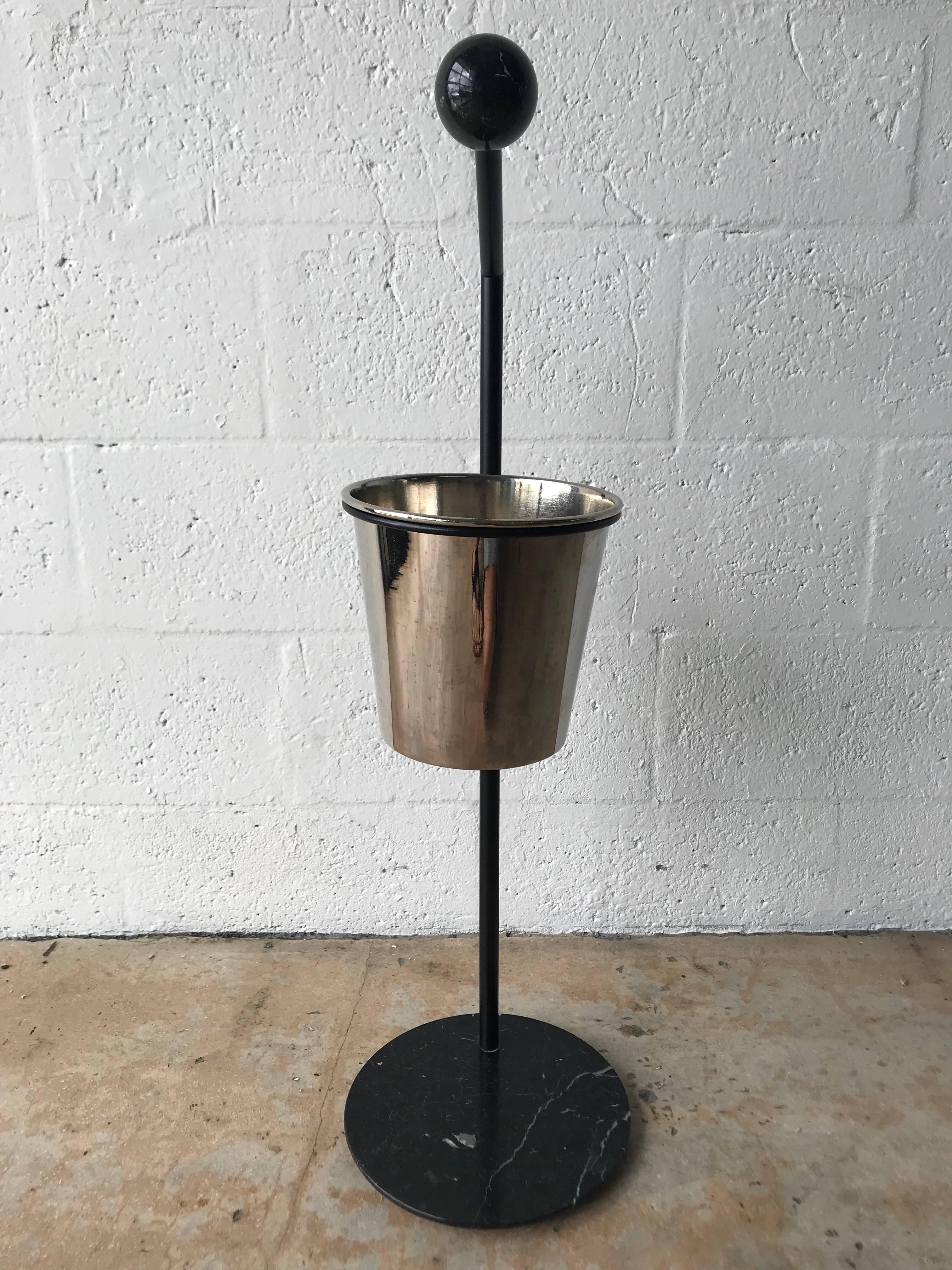 Postmodern Memphis style standing champagne or wine cooler, bucket in black marble and chrome by Fly Line.