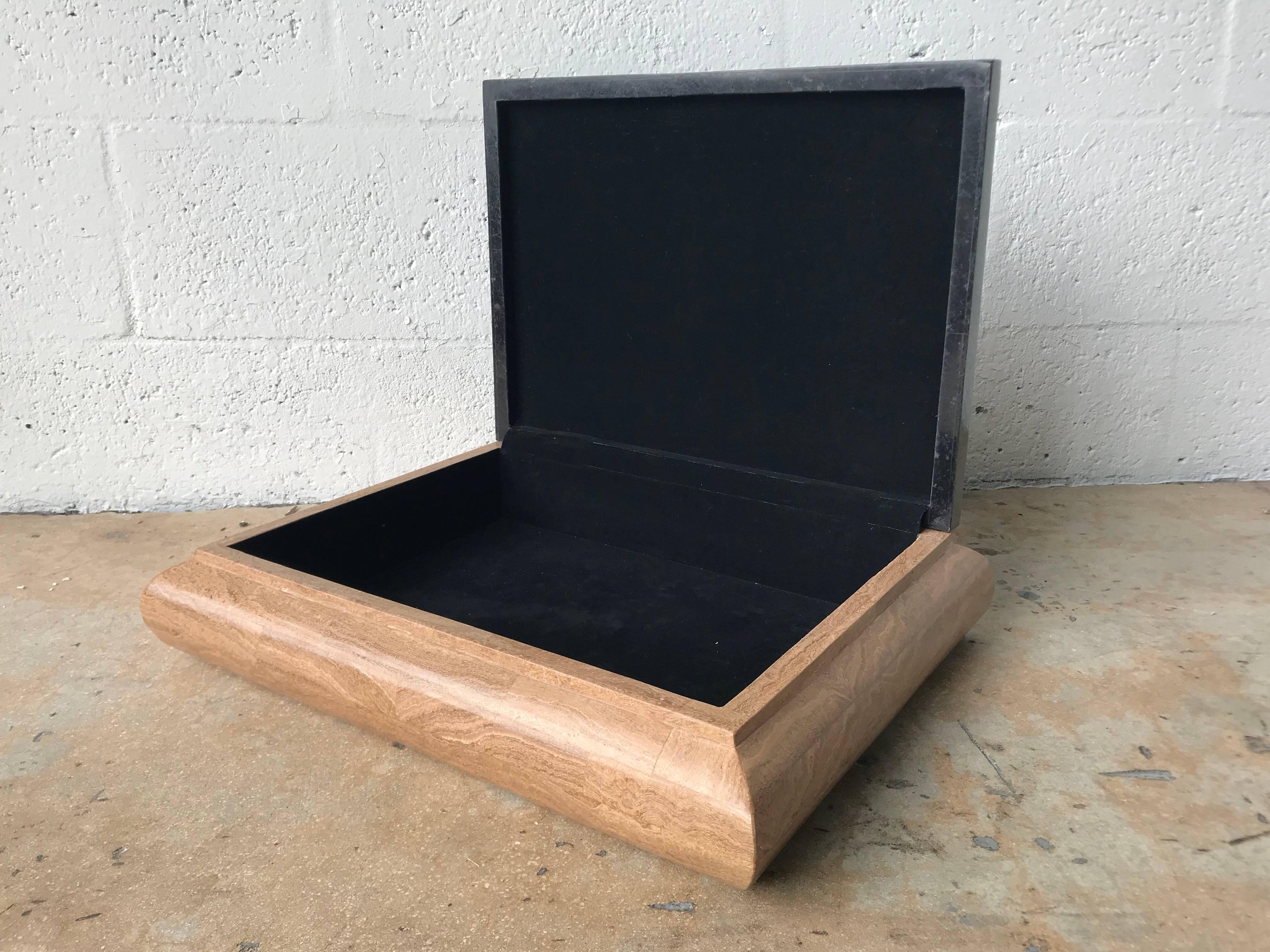 Tessellated black and brown marble box with black velvet felt interior by Maitland Smith.