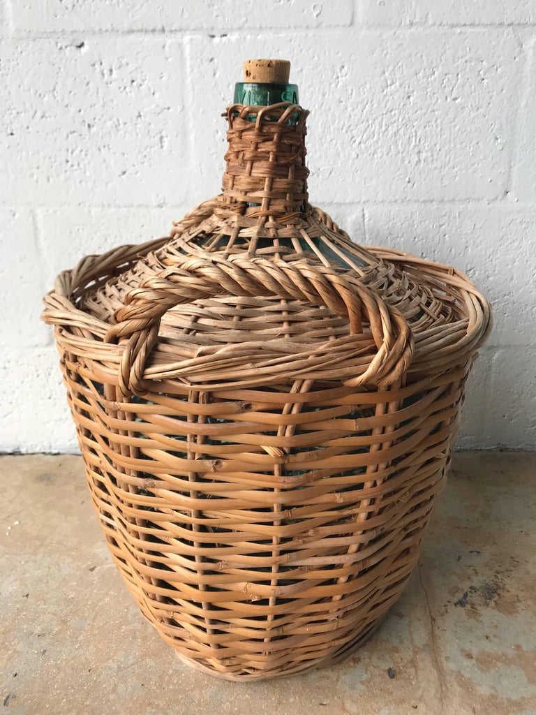 Midcentury French Wicker Demijohn Bottle Basket For Sale at 1stDibs