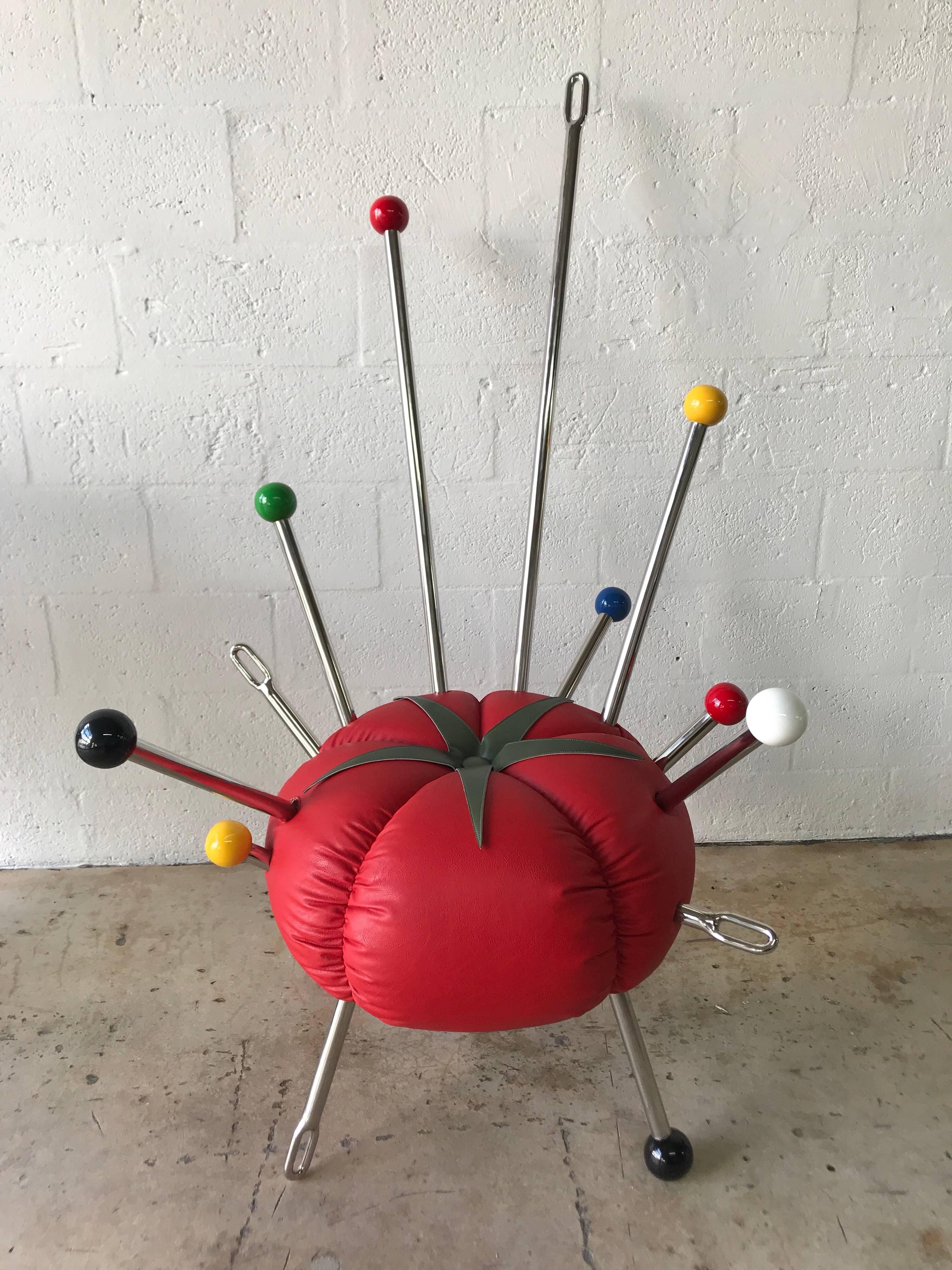 A nostalgic design piece by John Paul Duray, the Tomato chair is designed as a life size chair form of the classic tomato pin cushion.  Rendered in steel, foam, and leather upholstery, this piece can be ordered in custom leather options.  Please