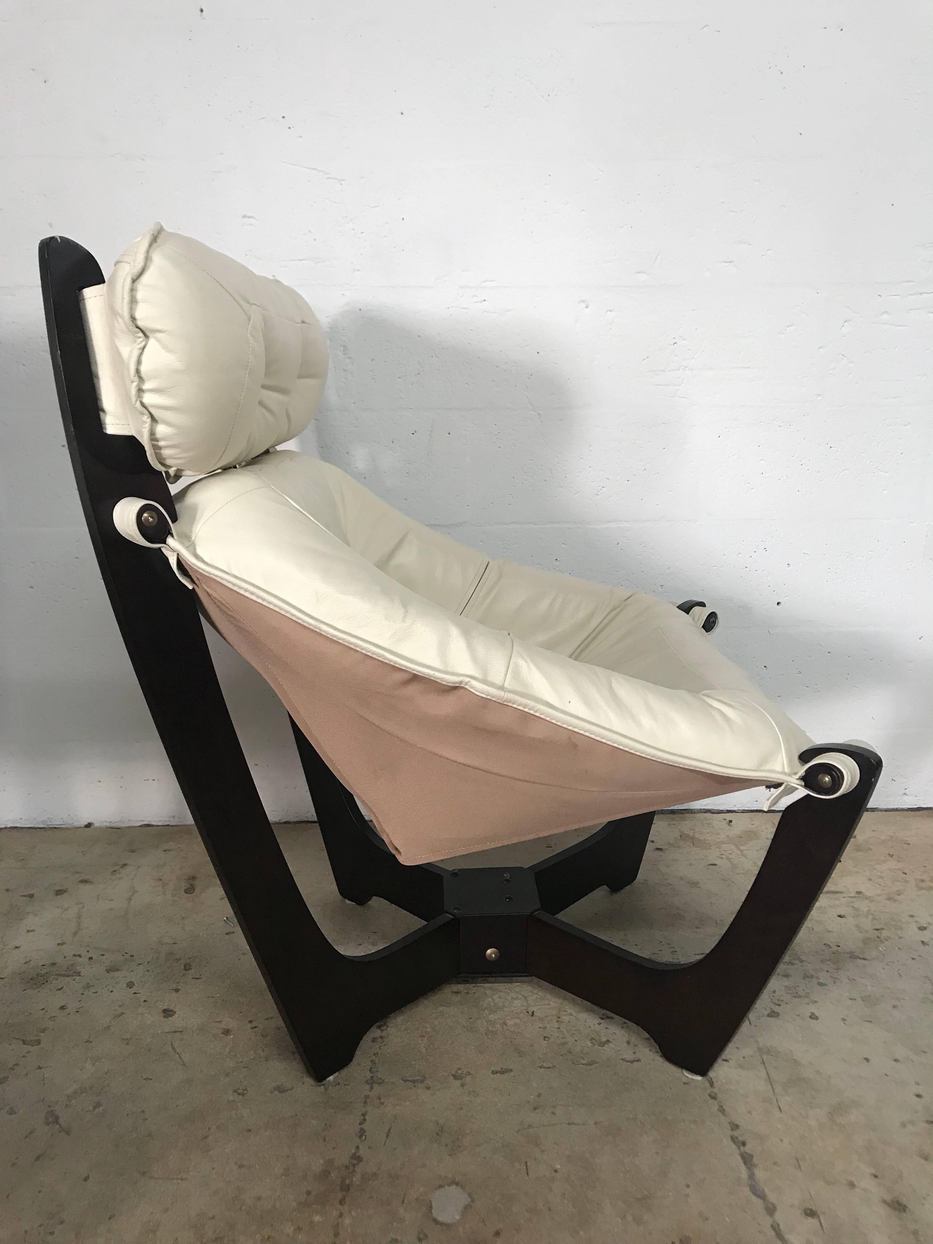 Pair of Odd Knutsen “Luna” Sling Lounge Chairs and Footstool In Excellent Condition In Miami, FL