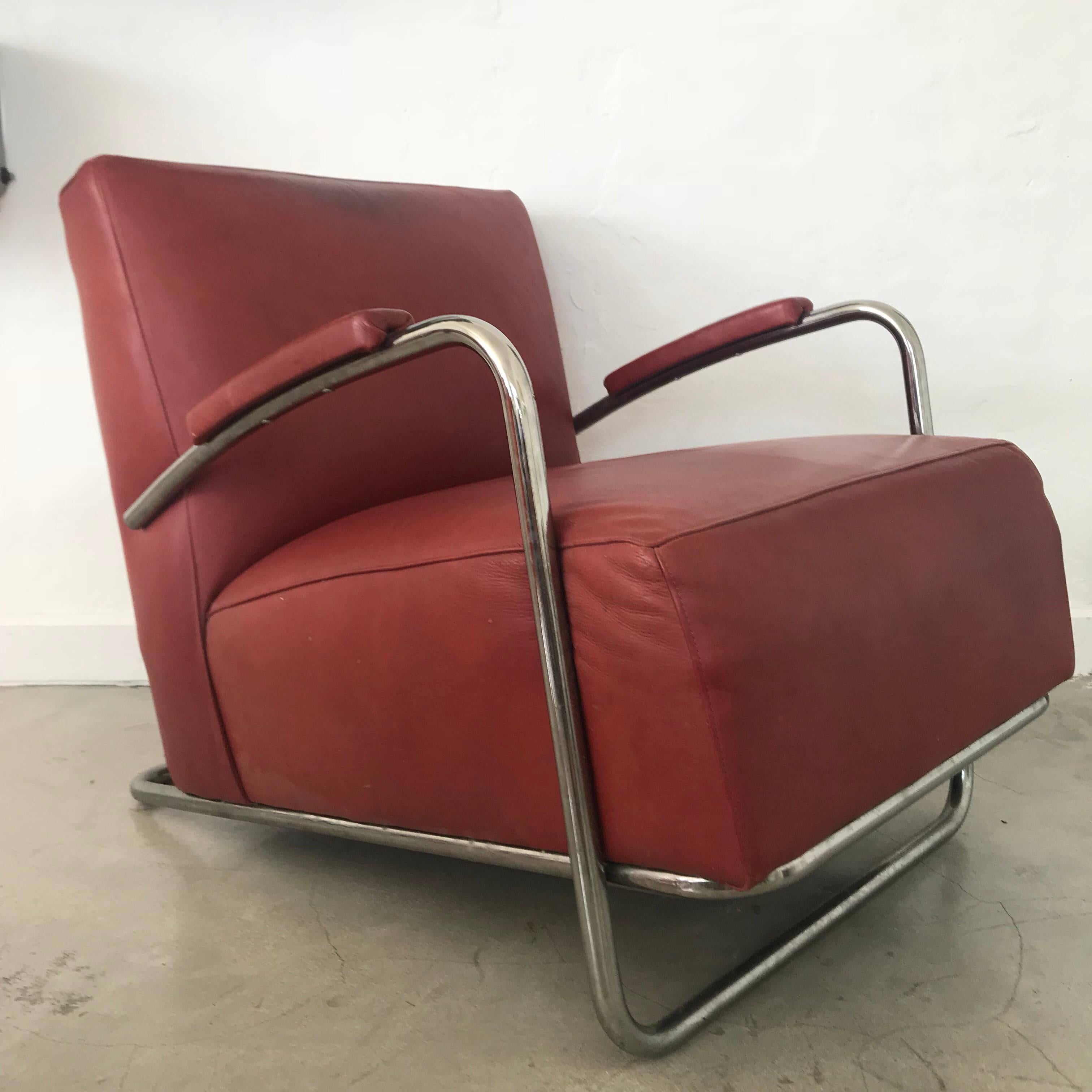 American Art Deco Tubular Chrome and Red Leather Chair