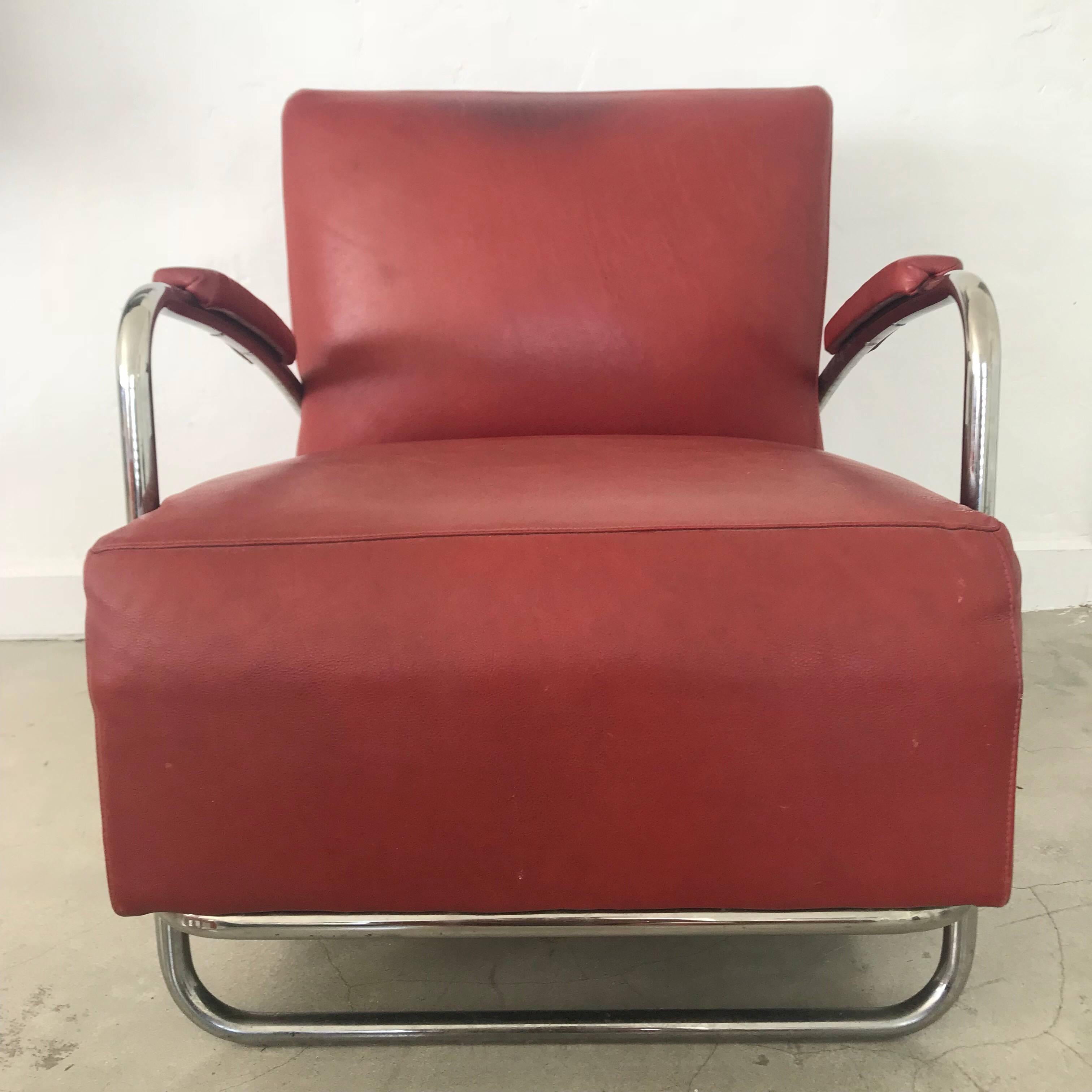 Plated Art Deco Tubular Chrome and Red Leather Chair