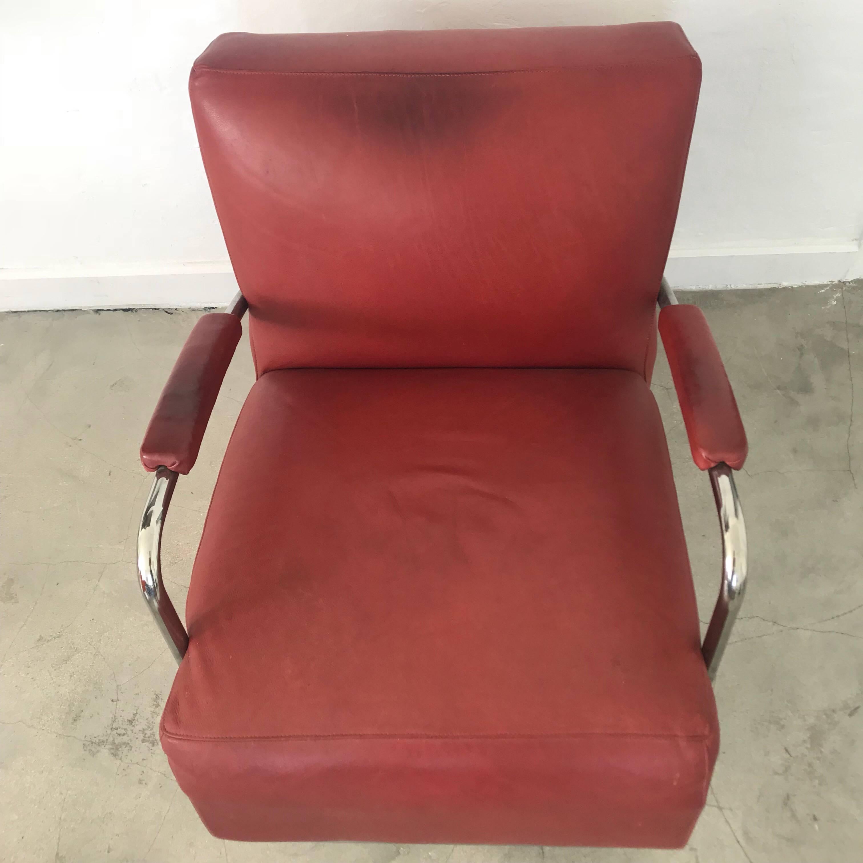 20th Century Art Deco Tubular Chrome and Red Leather Chair