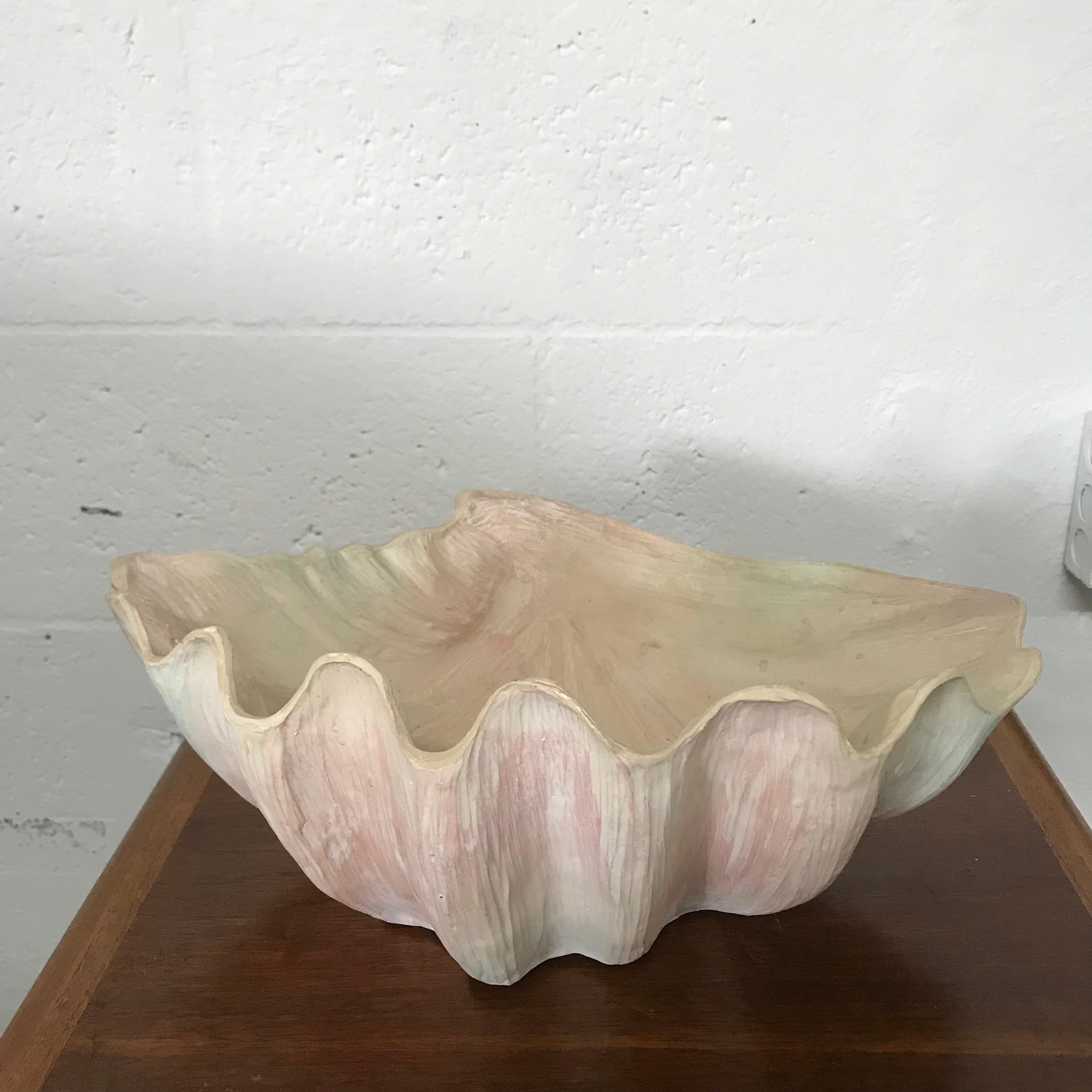 Wood bowl carved in the shape of a shell, nautical motif, cerused and white washed wood finish.