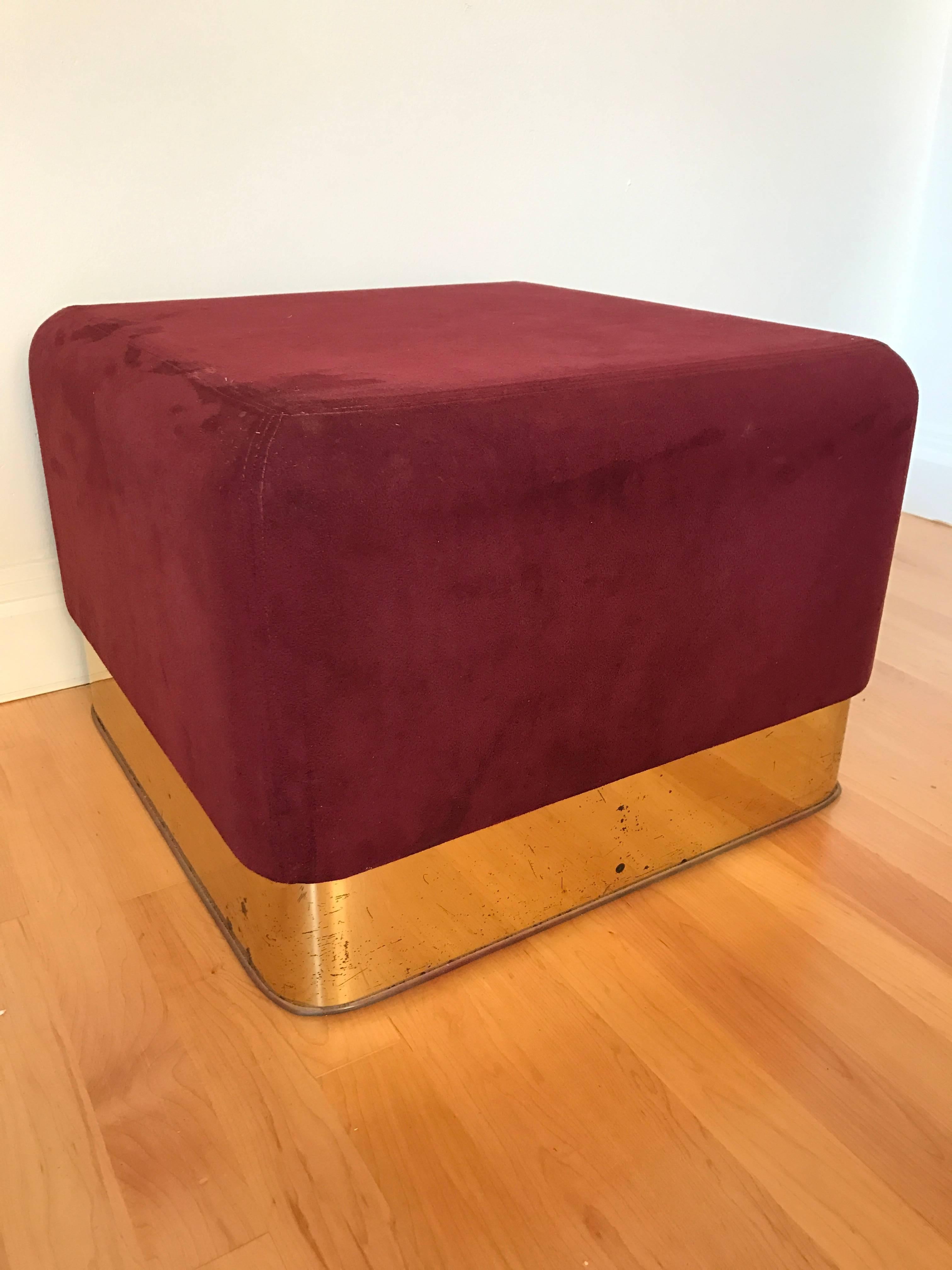 Pair of burgundy suede stools with patinated brass base by Milo Baughman for Thayer Coggin.