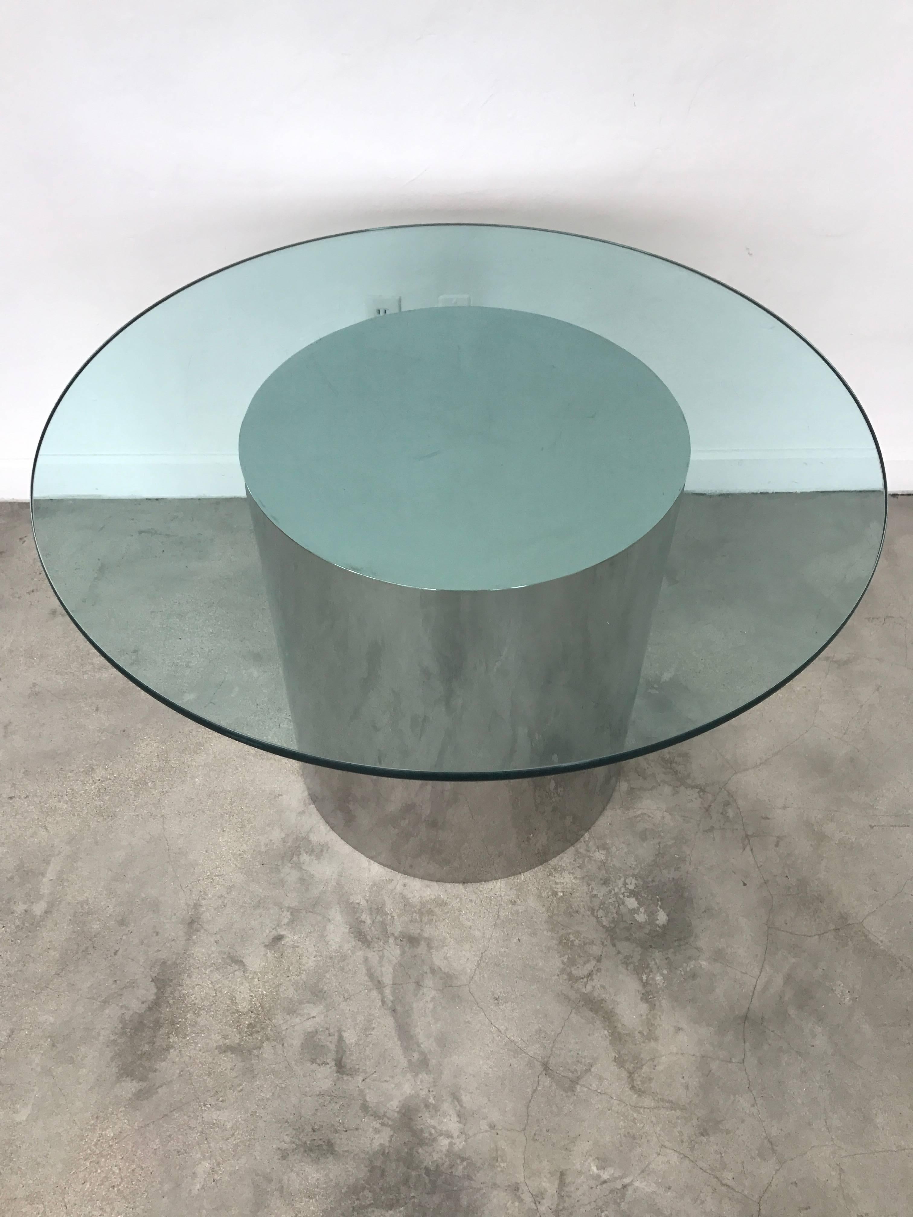 Pace Collection polished steel dining table base. Table does not come with glass, we can assist with custom shape, sizing and ordering.