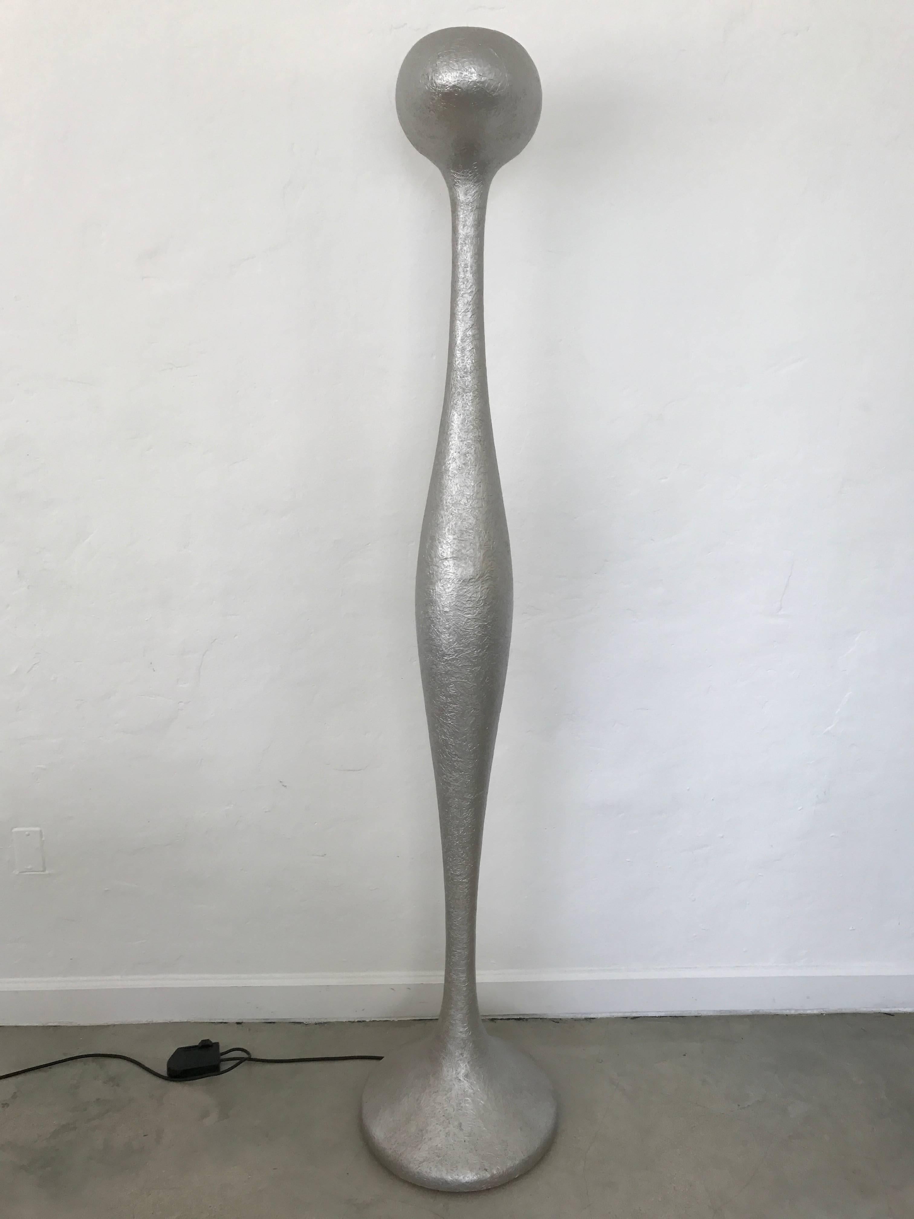 Silver paint on fiberglass floor lamp with three diffused lighted areas controlled by a cord dimmer by Guglielmo Berchicci for Kundalini, 1996.