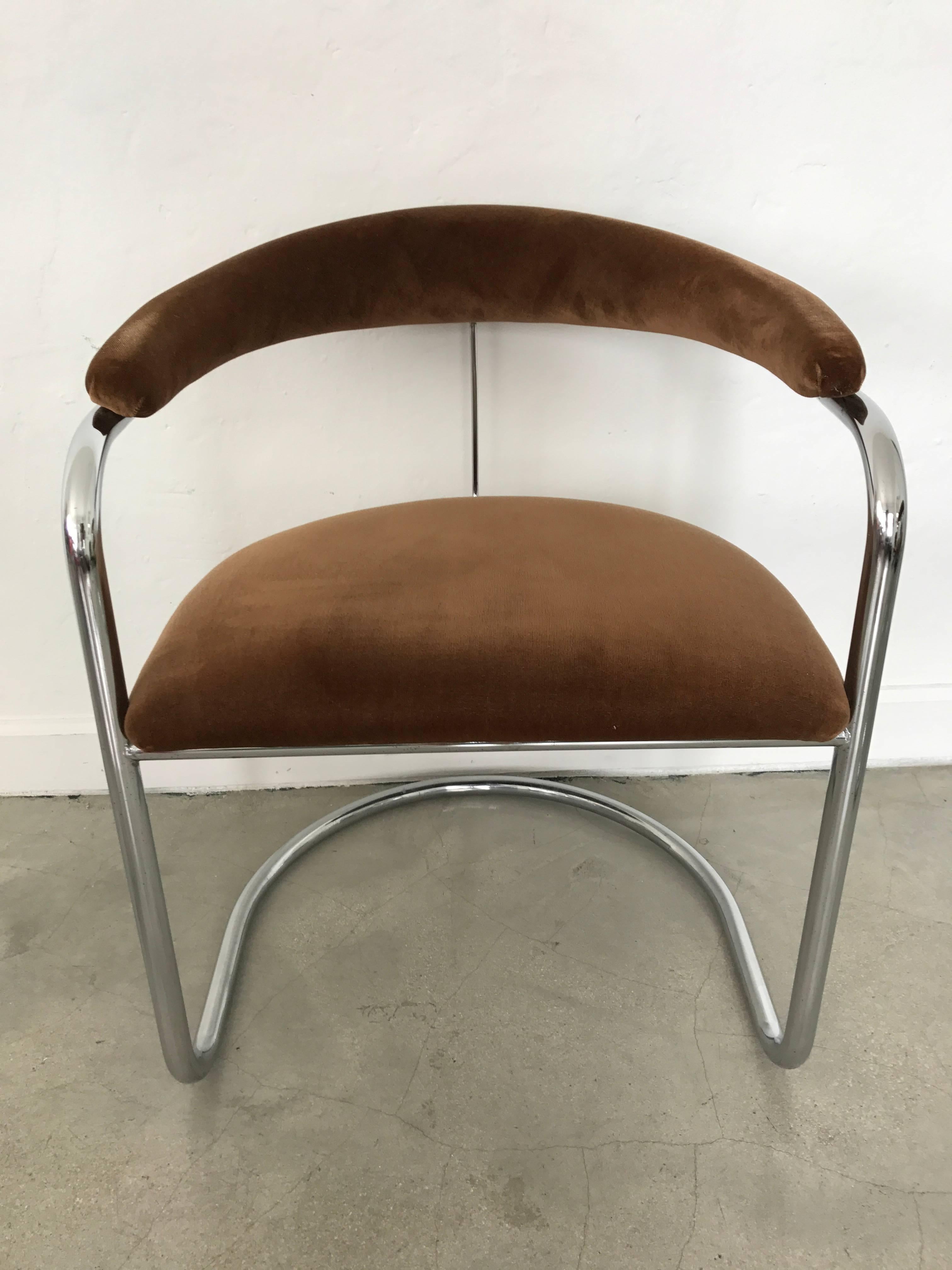 Chrome and brown velvet arm chairs by Anton Lorenz for Thonet. Model SS33.