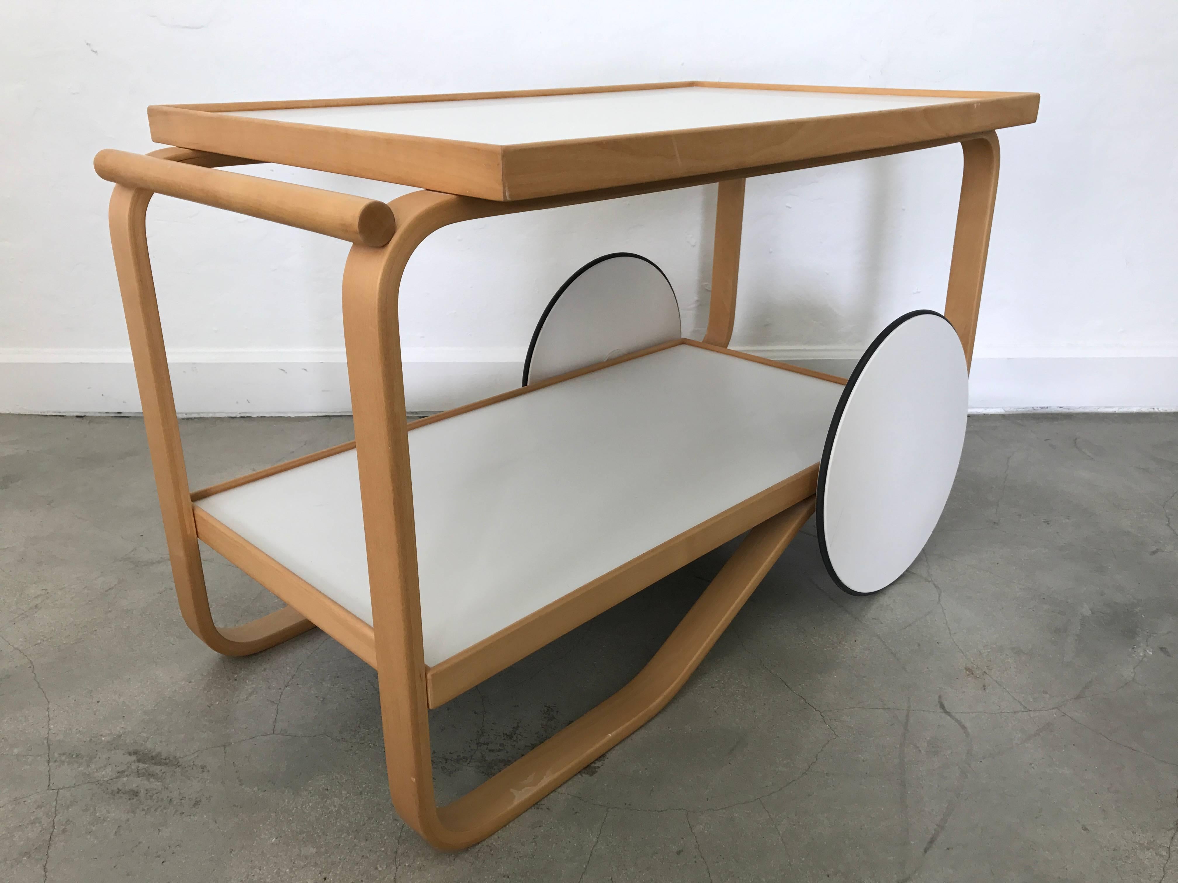 Bent birchwood with white lacquered tray tea cart or bar cart by Alvar Aalto for Artek.