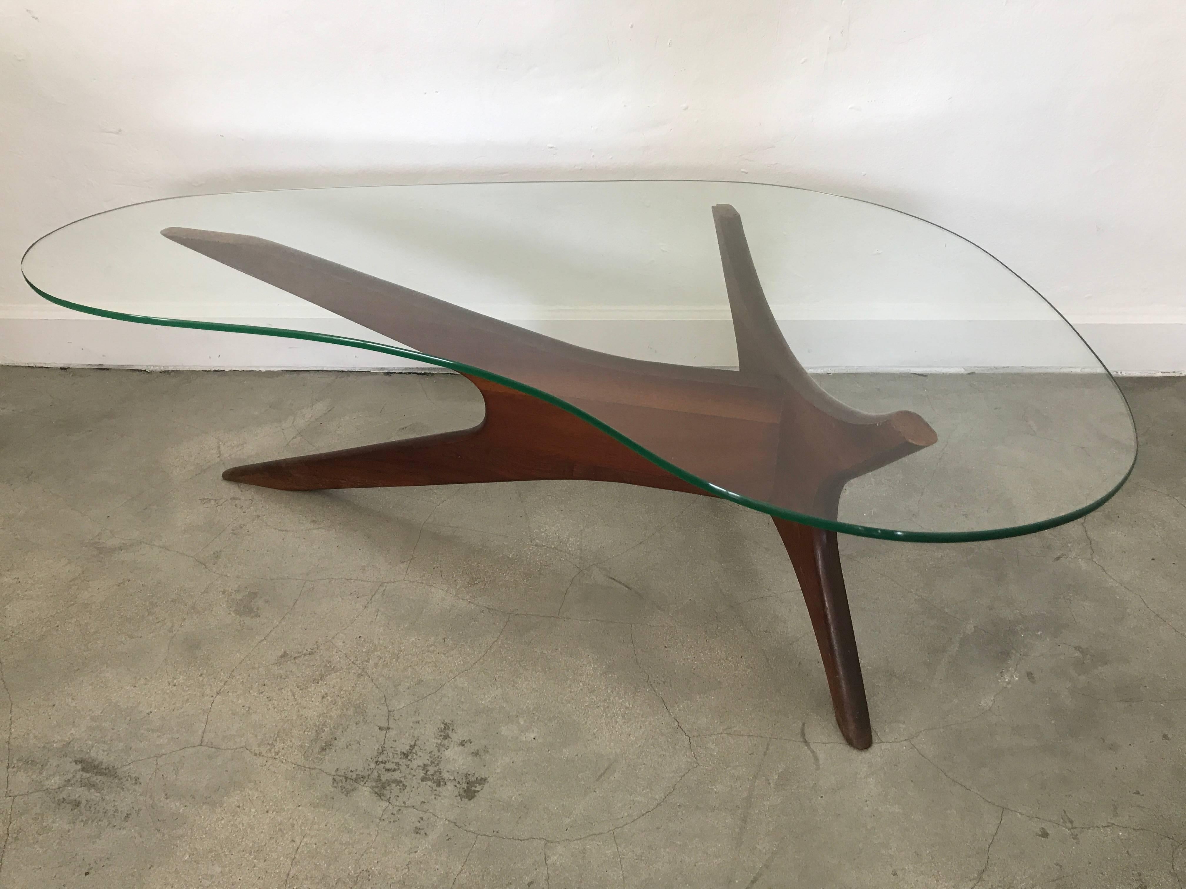 Walnut and kidney shaped glass coffee or cocktail table by Adrian Pearsall.