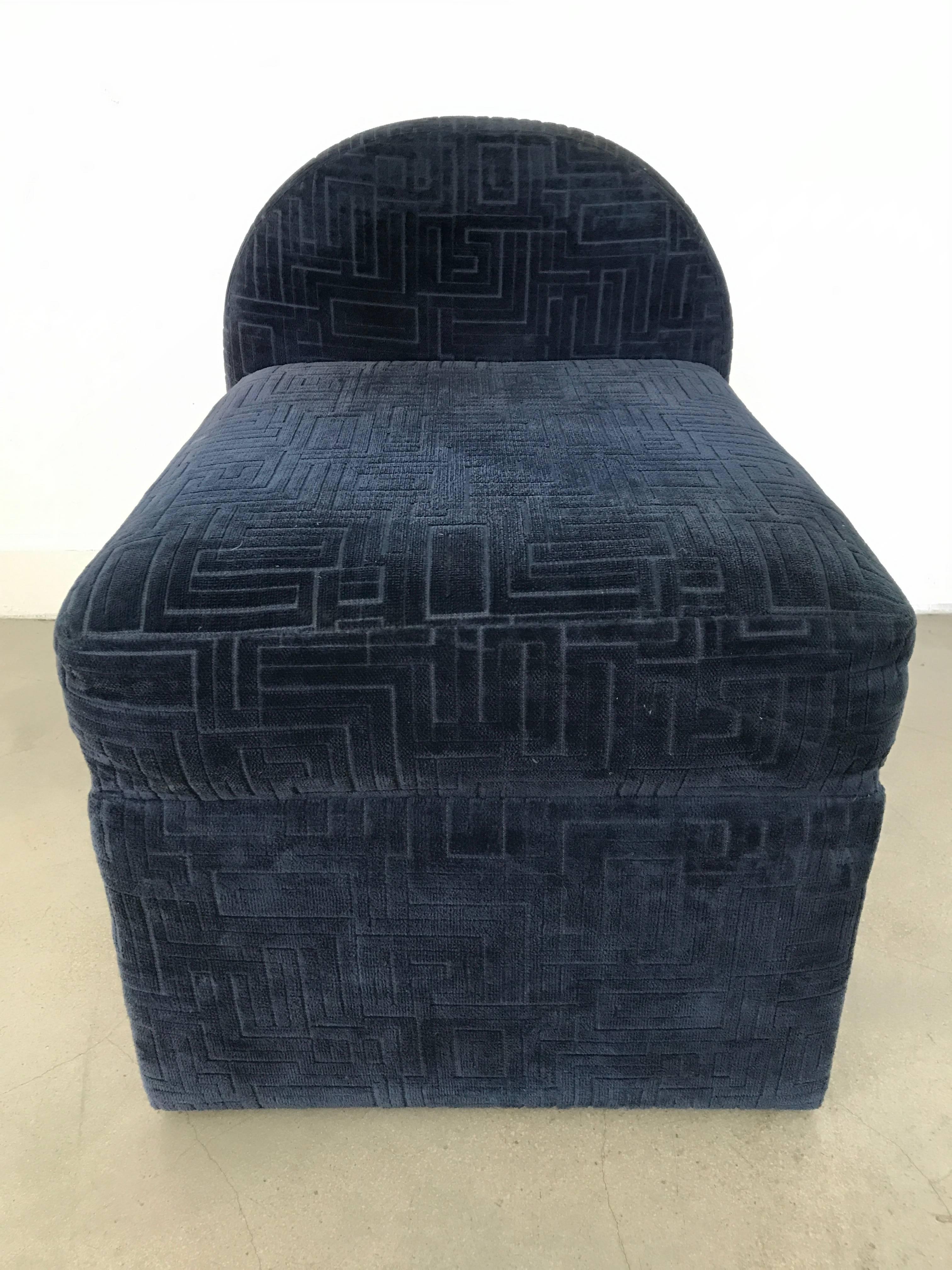 Geometric design velvet fireside or occasional chairs.