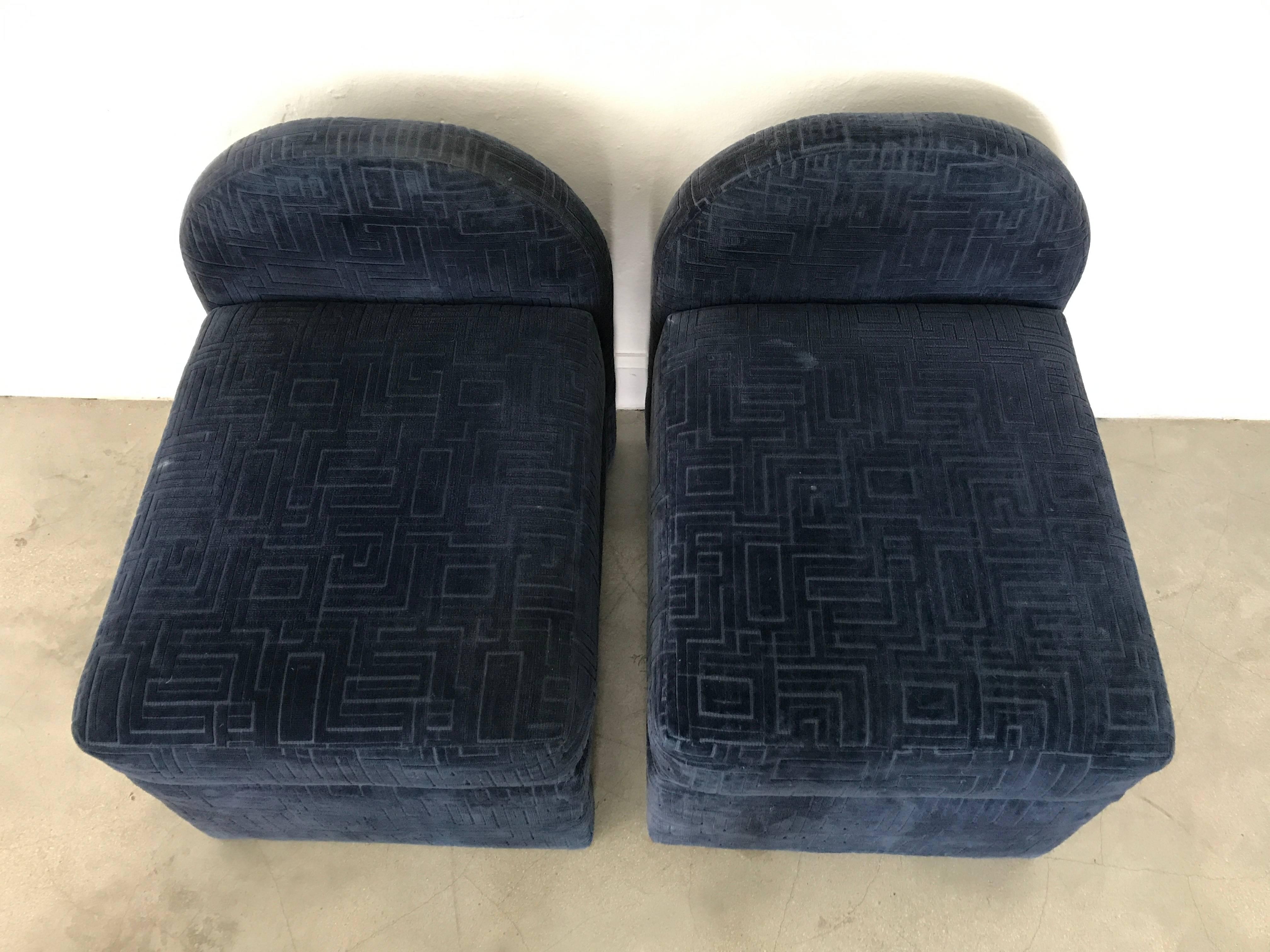 Pair of Geometric Pattern Velvet Fireside Occasional Chairs In Excellent Condition In Miami, FL