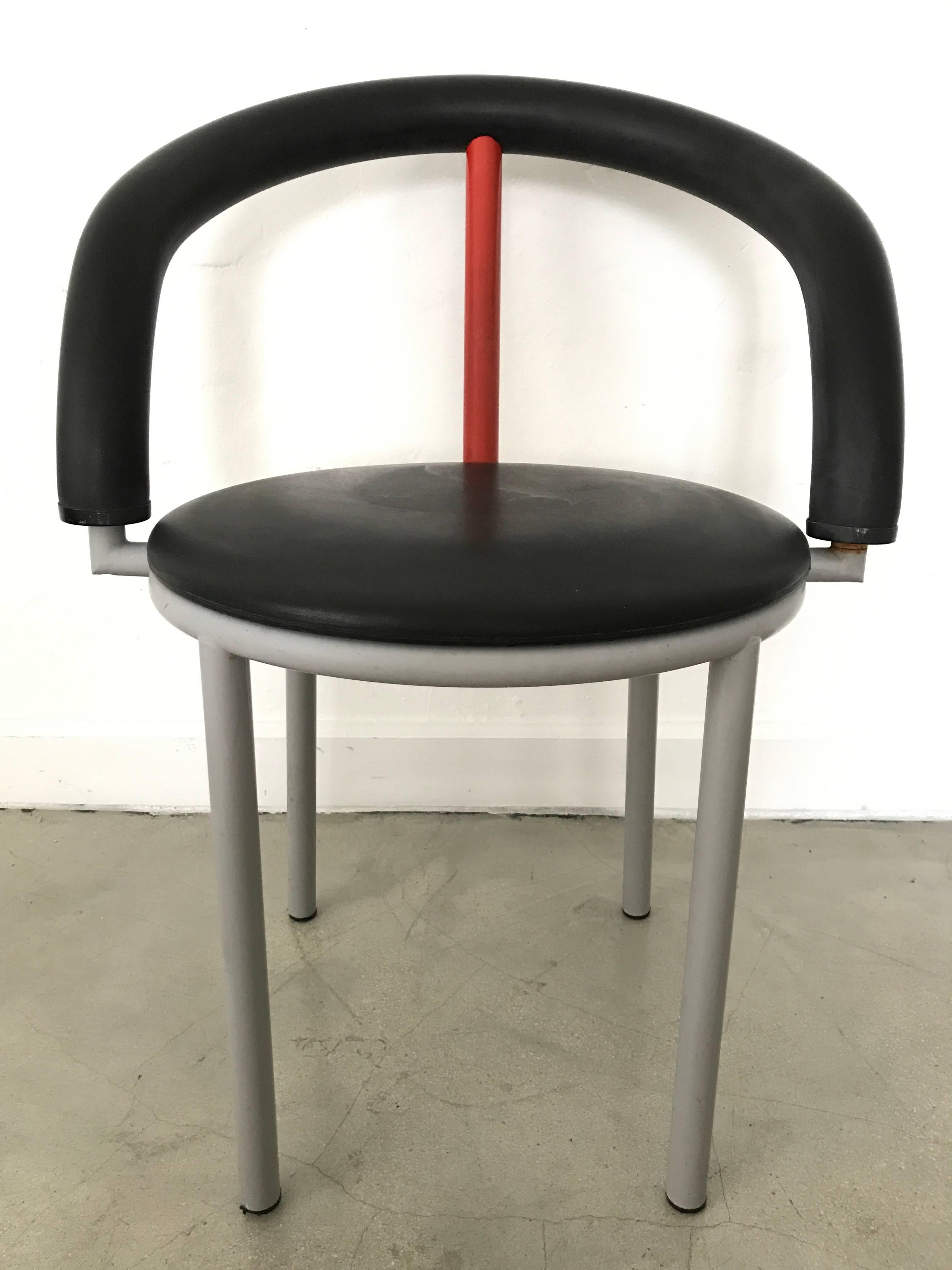 Postmodern grey steel frame chairs with black rubber seat back and black cushion by Anna Anselmi for Bieffeplast, 1985.