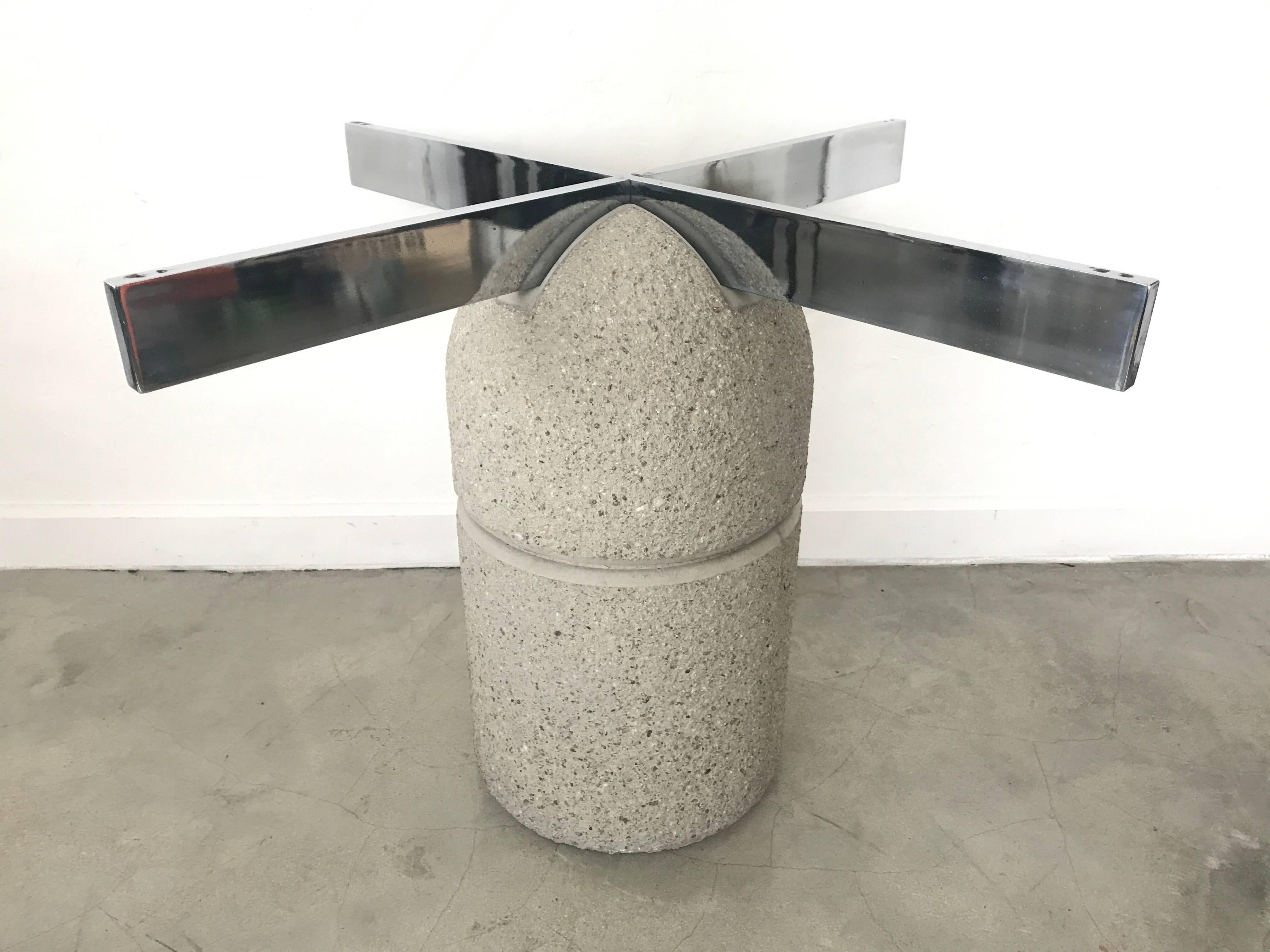 Concrete and chrome dining or center table by Giovanni Offredi for Saporiti. Table does not come with glass, we can assist with custom shape, sizing and ordering. Measures: Chrome bars are 39-1/2" wide, 60" glass top recommended.