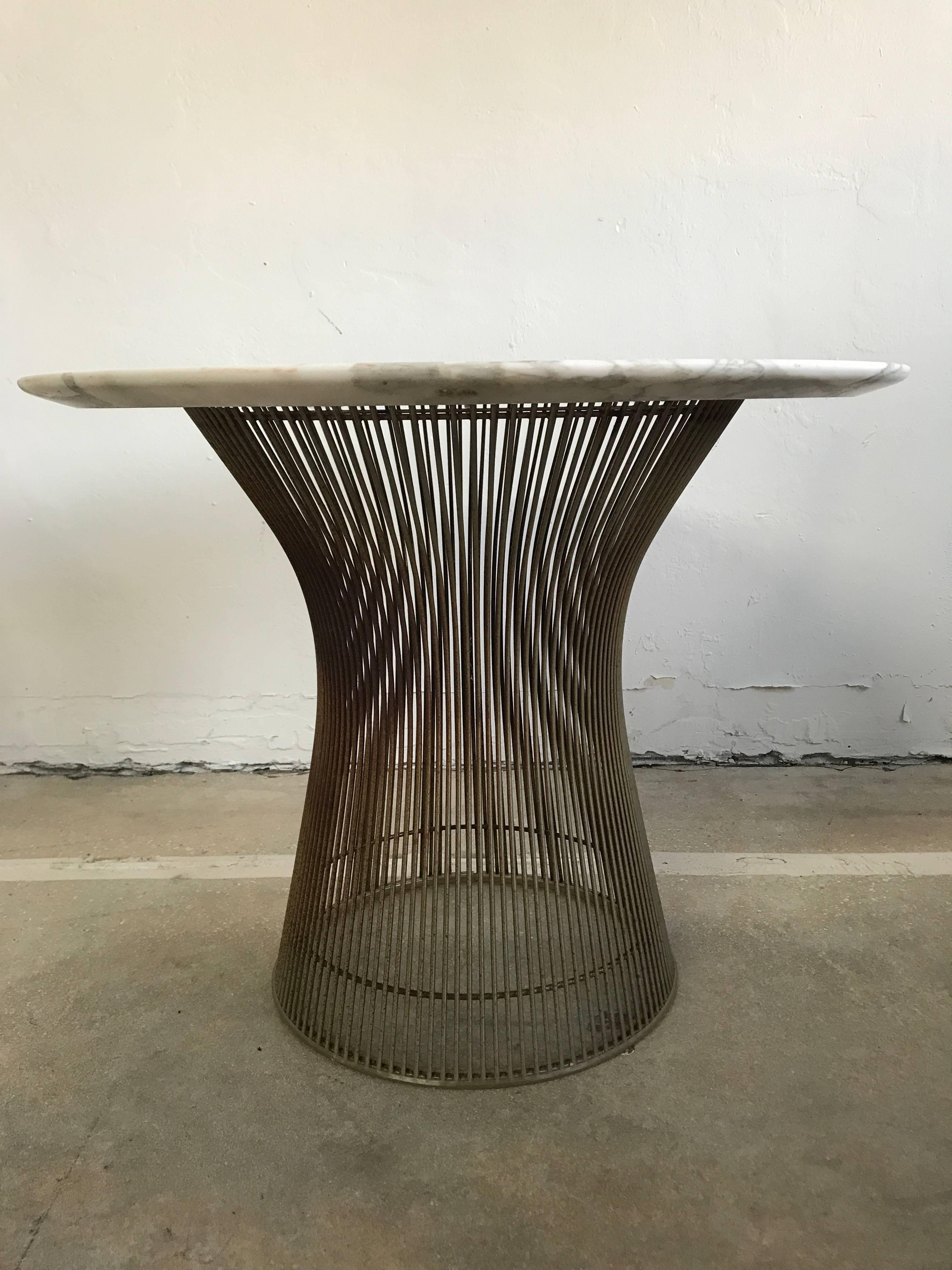 Side table by Warren Platner for Knoll. Base rendered in nickel-plated steel with original arabescato marble top.